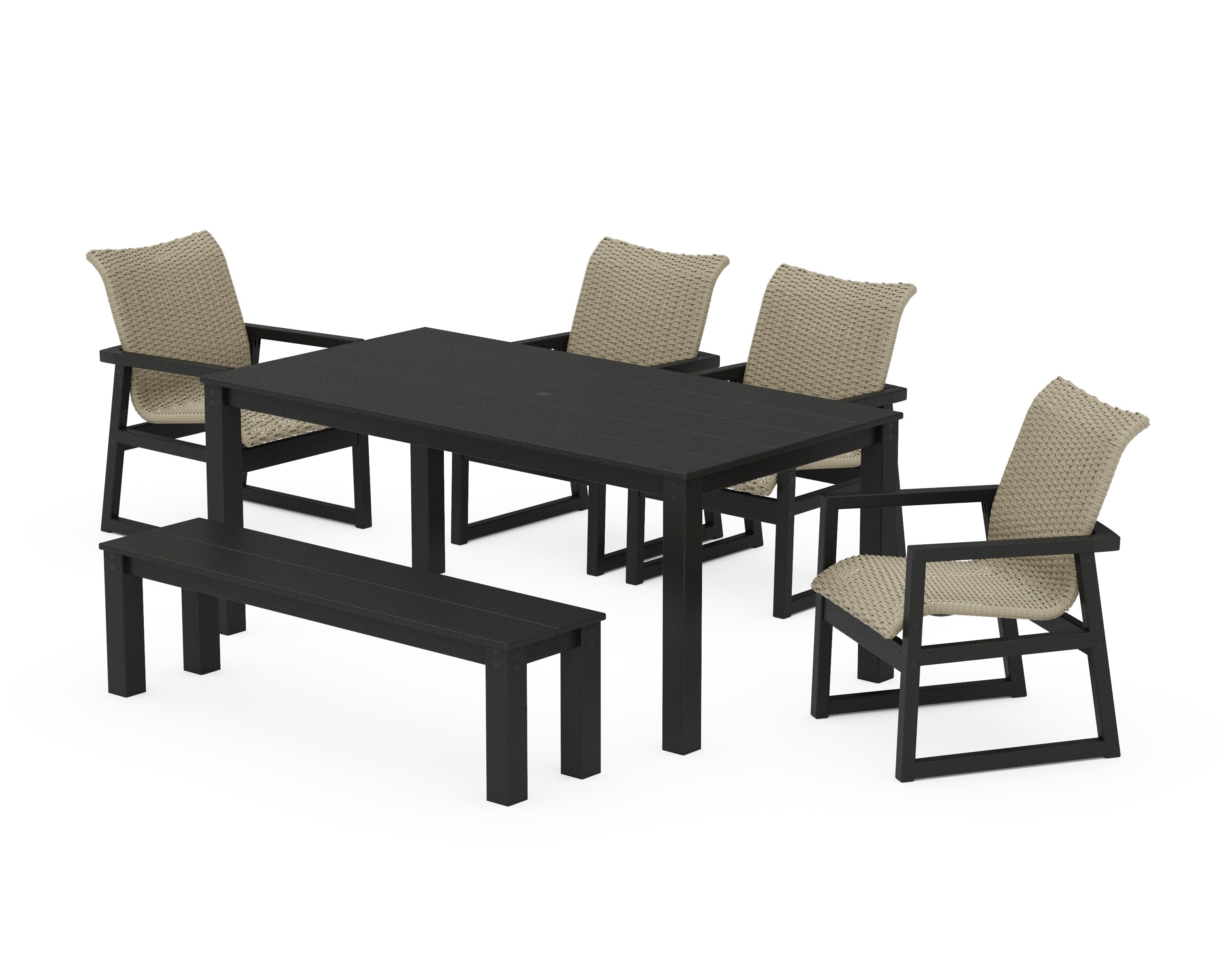 EDGE Woven 6-Piece Parsons Dining Set with Bench in Black / Dune Grass