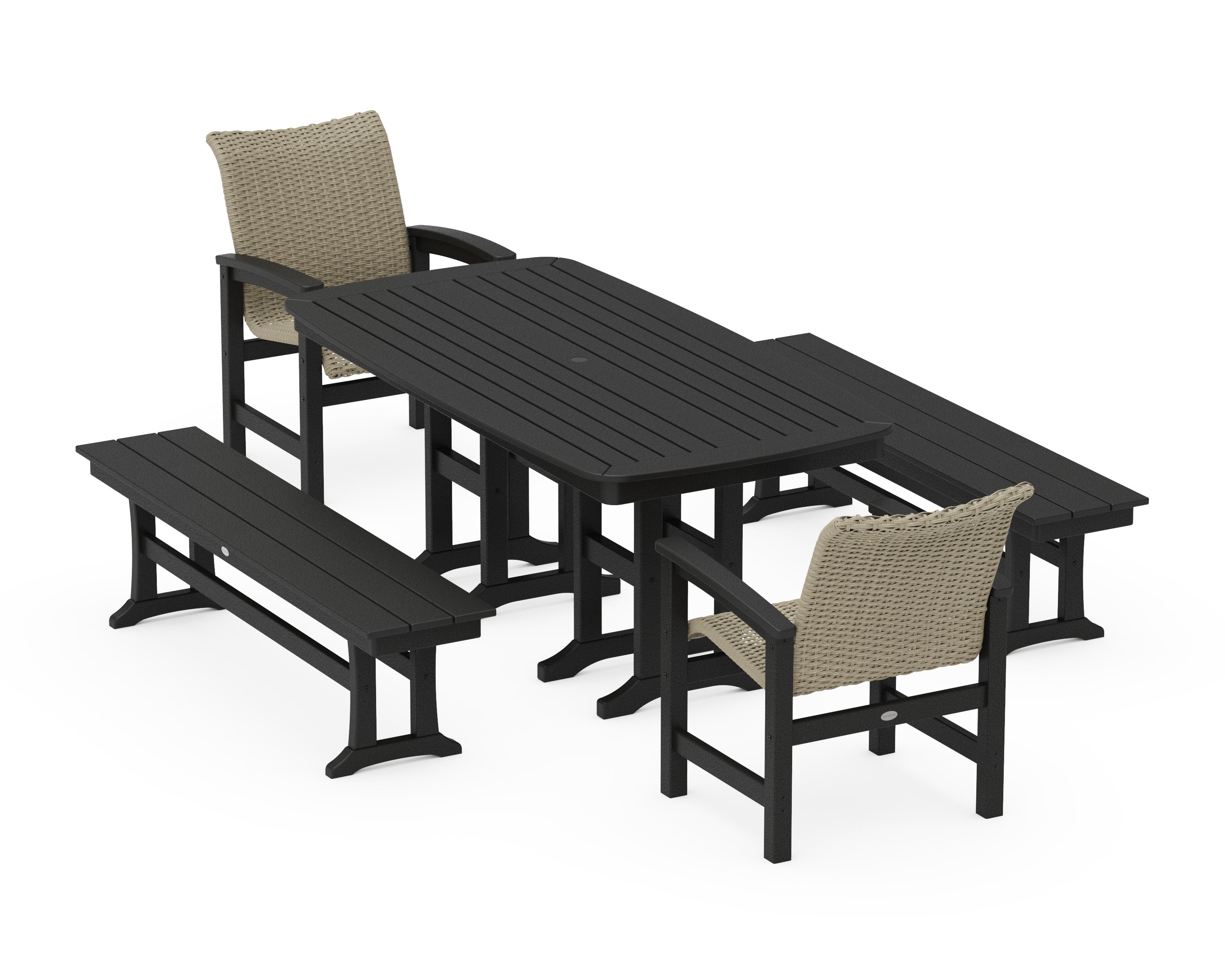Coastal Woven 5-Piece Dining Set with Benches in Black / Dune Grass