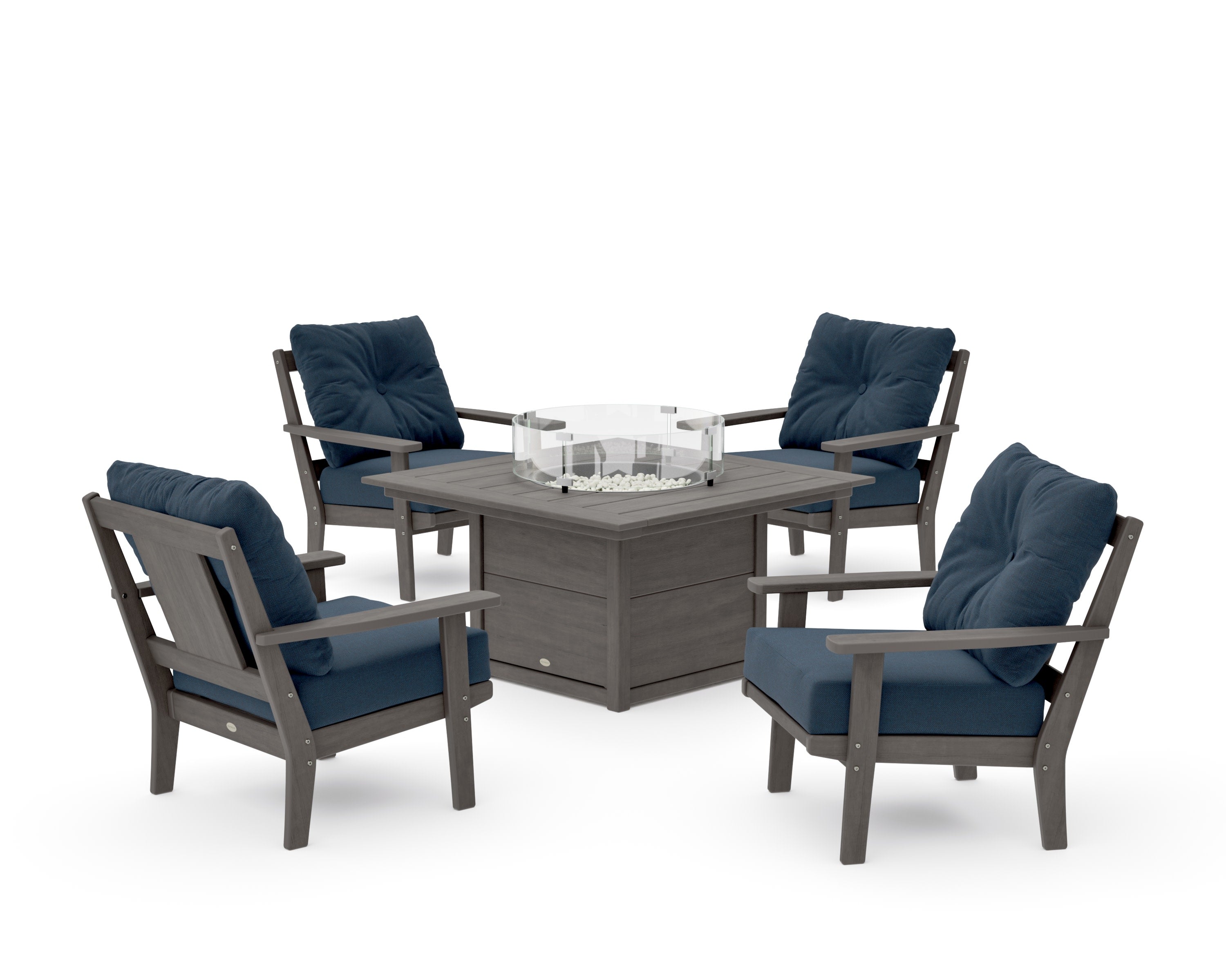 Prairie 5-Piece Deep Seating Set with Fire Pit Table in Driftwood / Marine Indigo