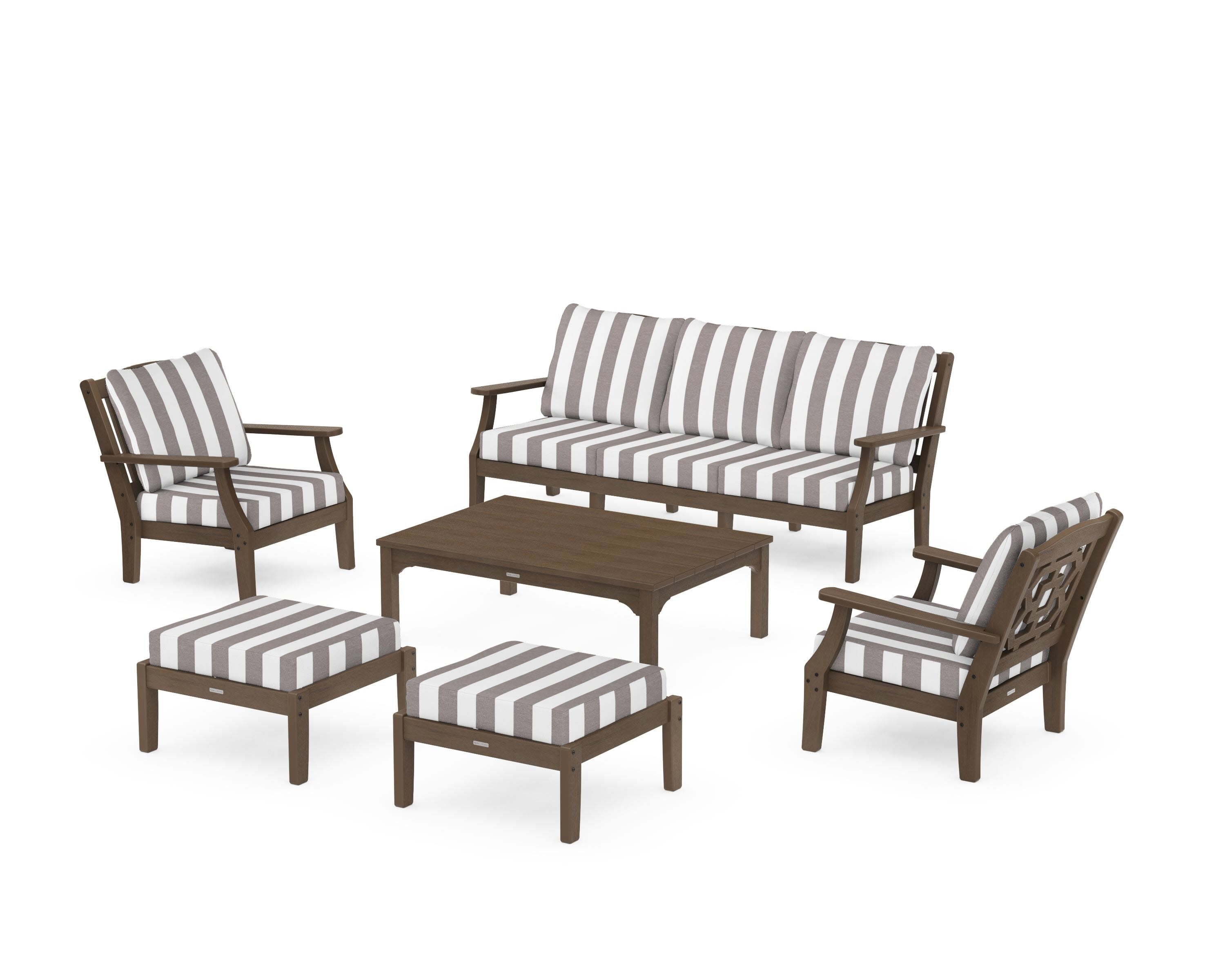 Chinoiserie 6-Piece Lounge Sofa Set in Kona / Cabana Stripe Grey Mist