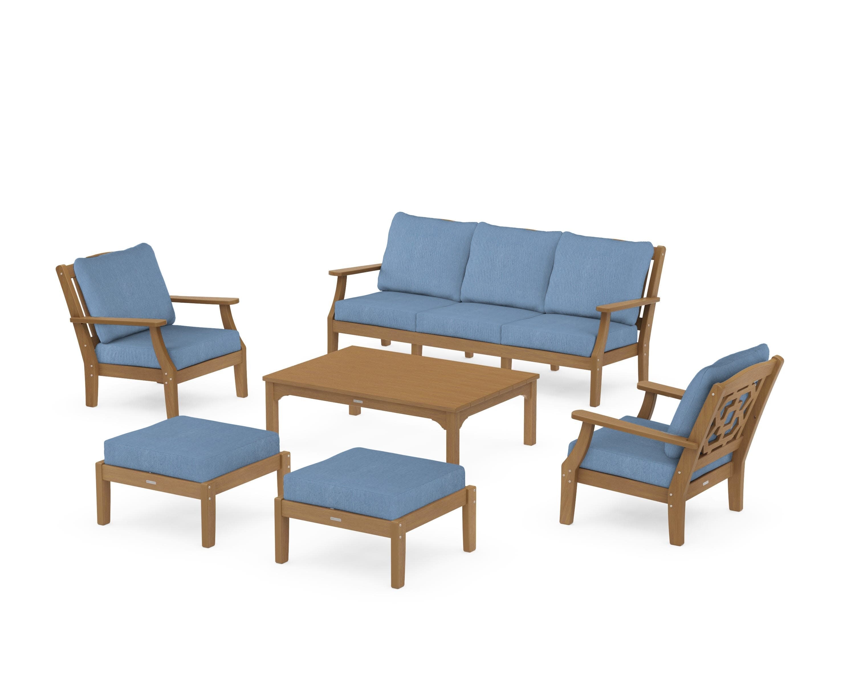 Chinoiserie 6-Piece Lounge Sofa Set in Natural / Sky Blue