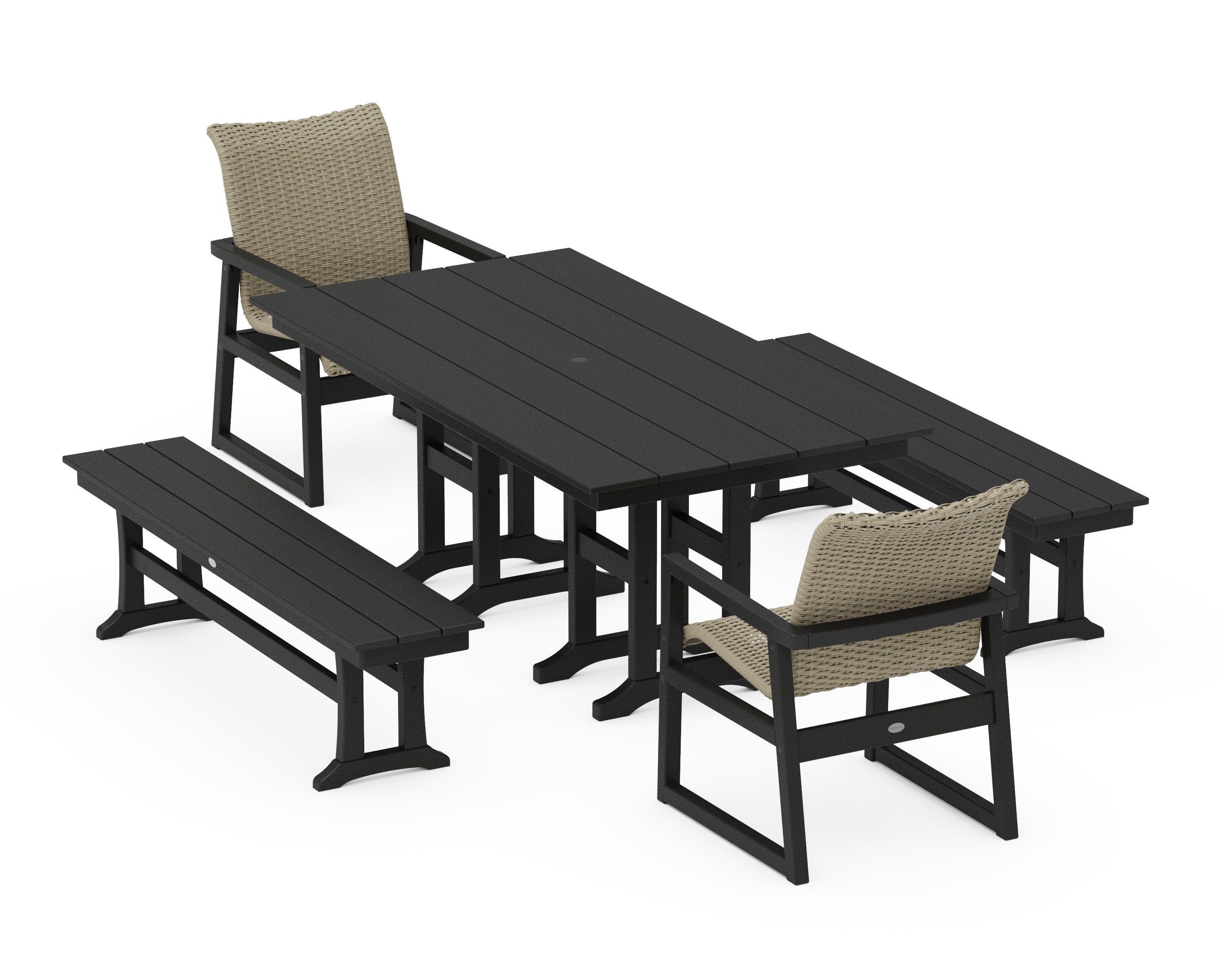 EDGE Woven 5-Piece Farmhouse Dining Set with Benches in Black / Dune Grass