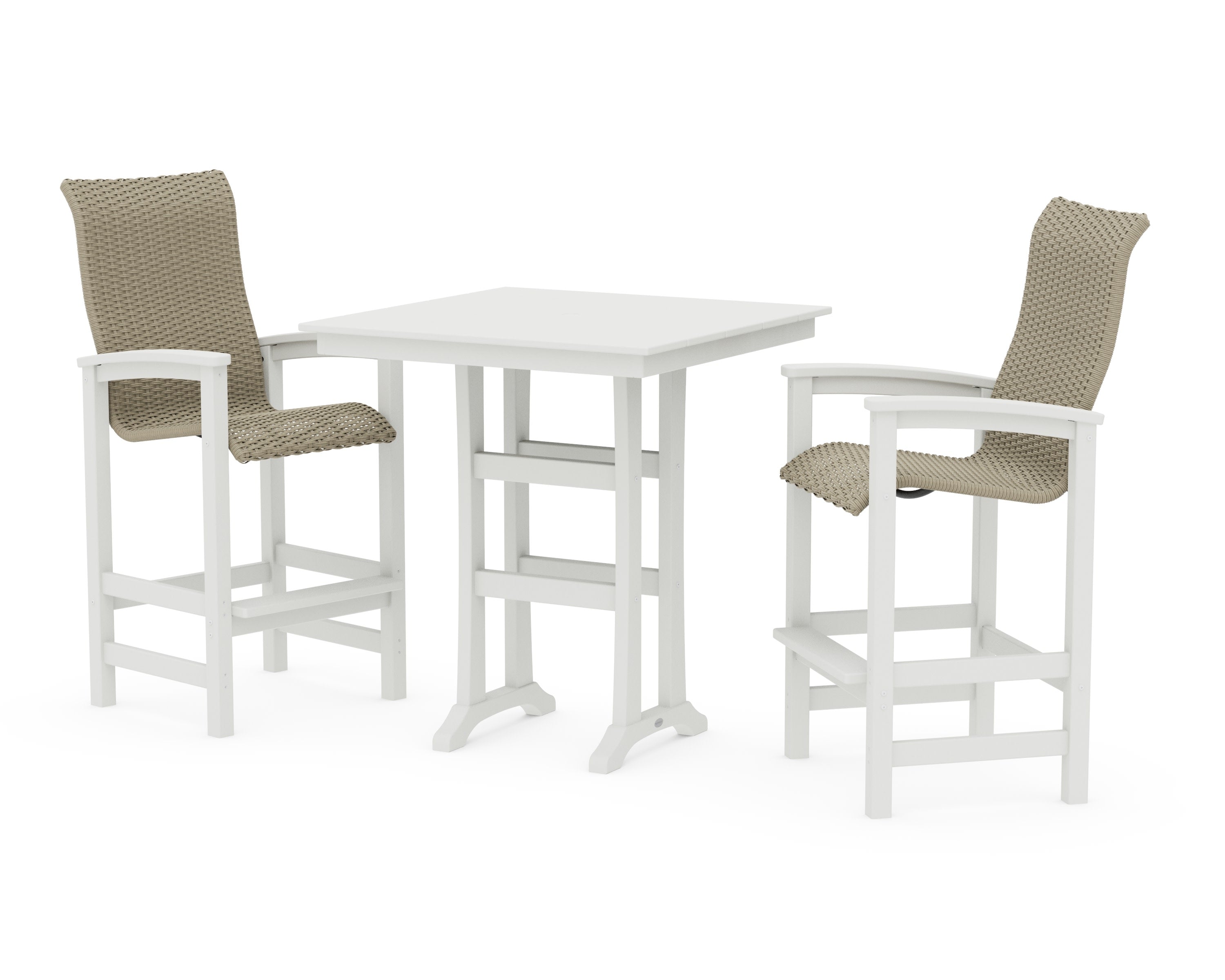 Coastal Woven High-Back 3-Piece Farmhouse Bar Set with Trestle Legs in Vintage White / Dune Grass