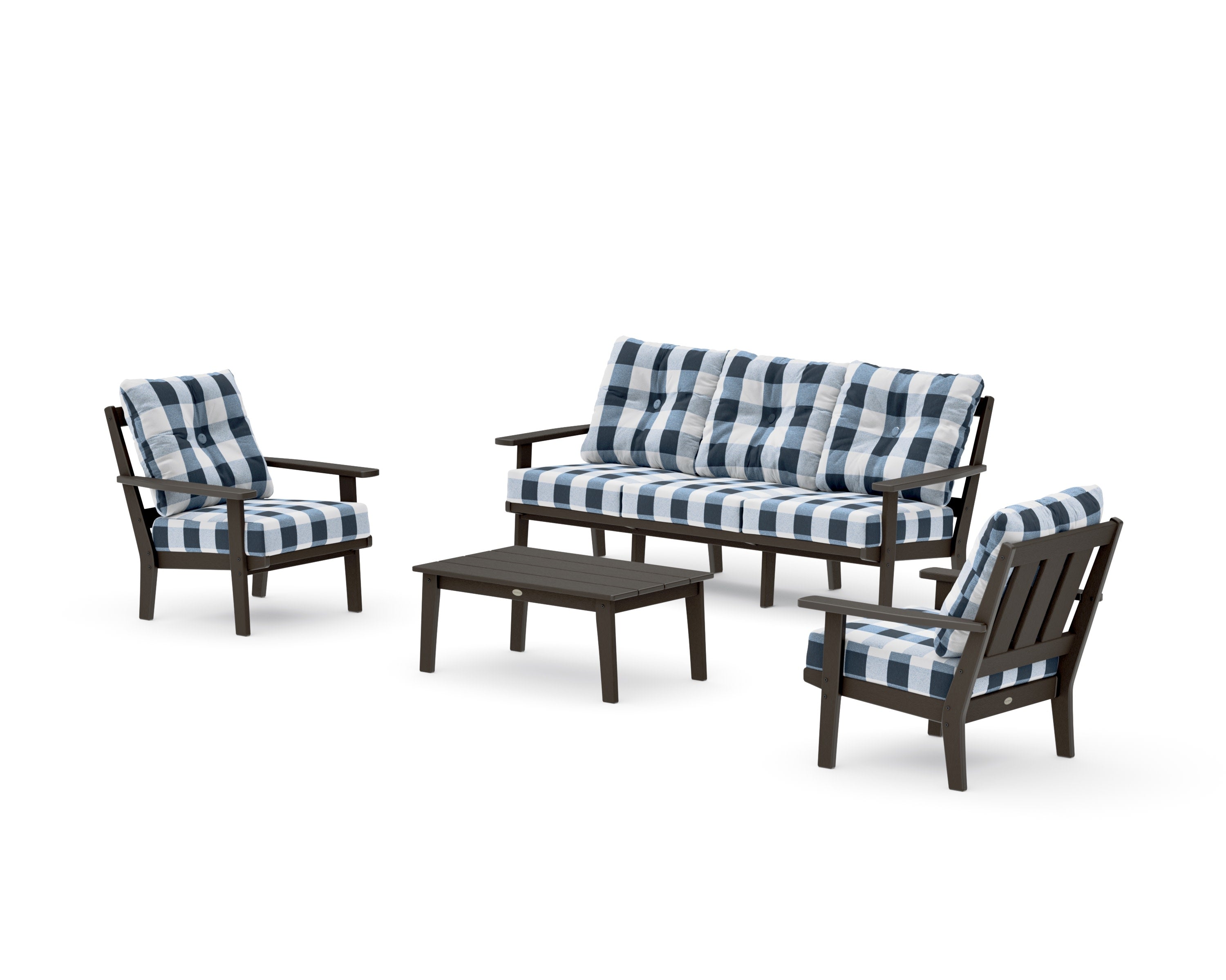 Oxford 4-Piece Deep Seating Set with Sofa in Vintage Coffee / Buffalo Plaid Marine Indigo