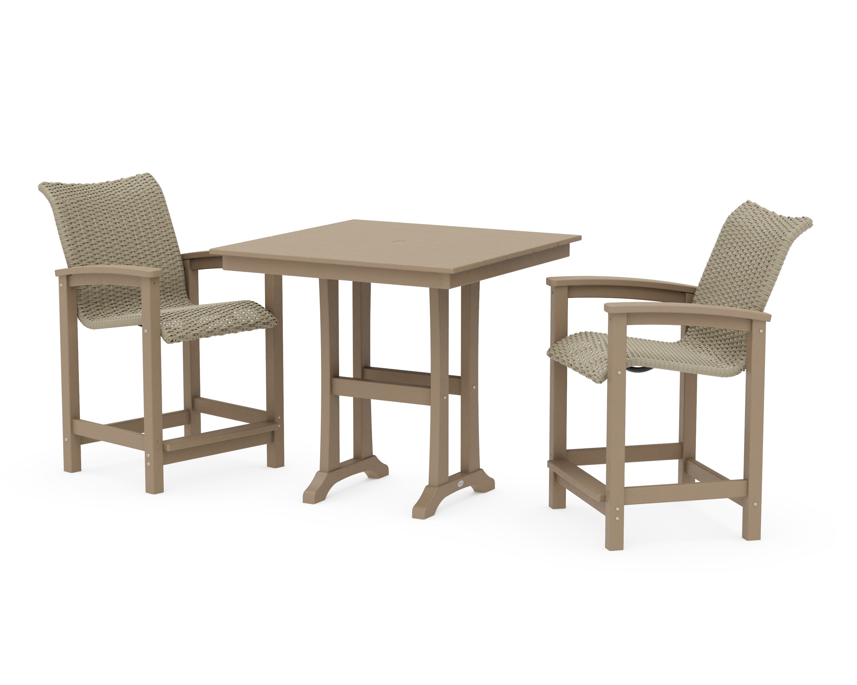 Coastal Woven 3-Piece Farmhouse Counter Set with Trestle Legs in Vintage Sahara / Dune Grass