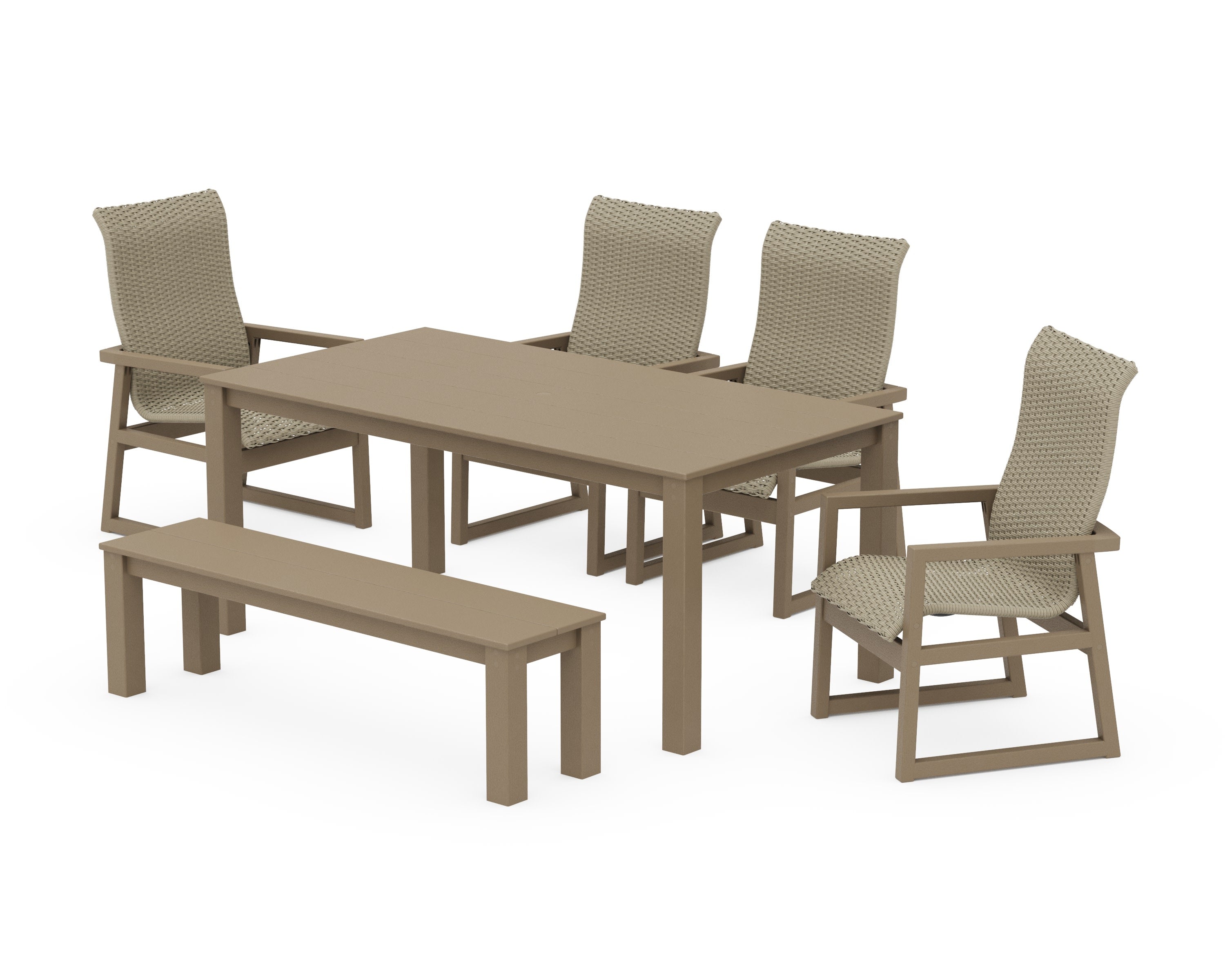 EDGE Woven Highback 6-Piece Parsons Dining Set with Bench in Vintage Sahara / Dune Grass