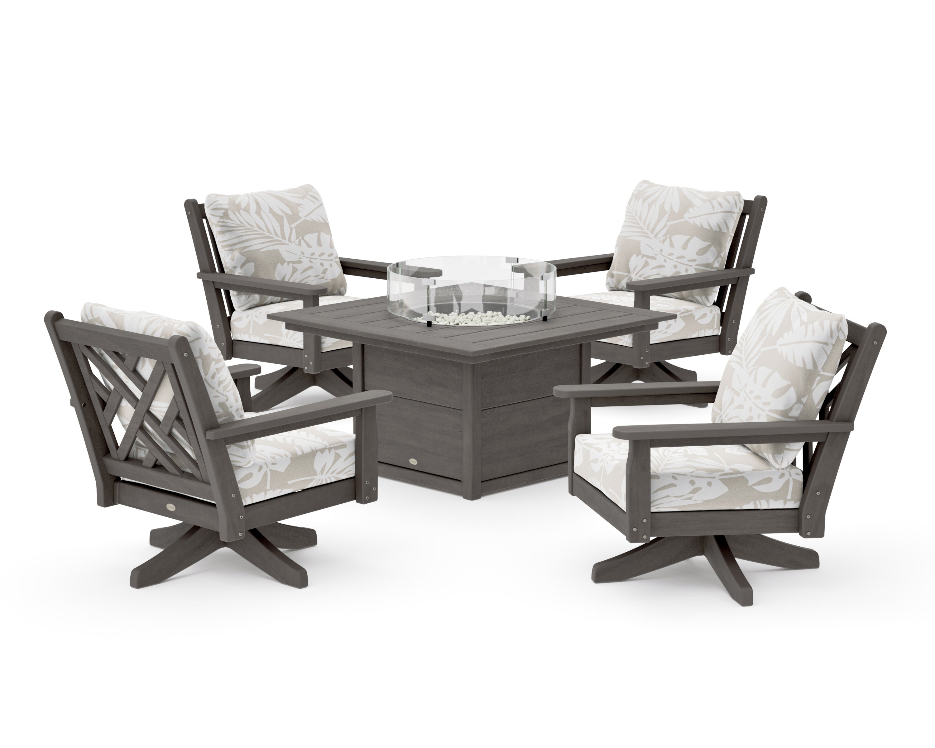 Chippendale 5-Piece Deep Seating Swivel Conversation Set with Fire Pit Table in Driftwood / Leaf Dune Burlap