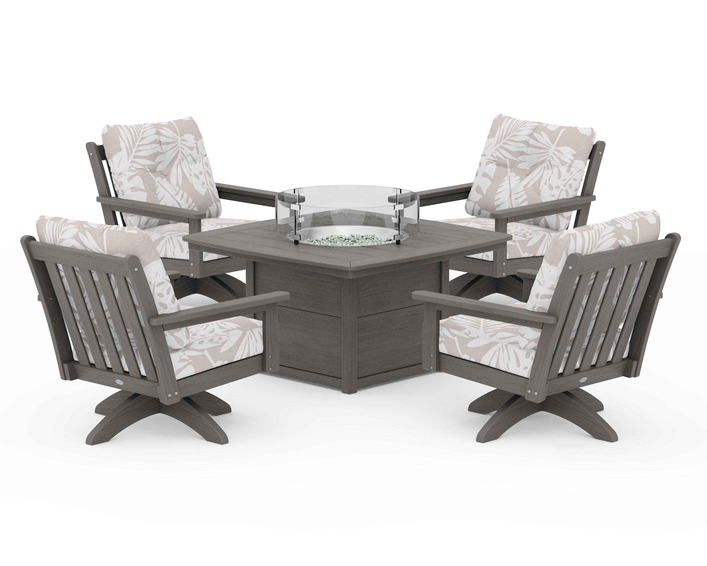 Vineyard 5-Piece Deep Seating Swivel Conversation Set with Fire Pit Table in Driftwood / Leaf Dune Burlap