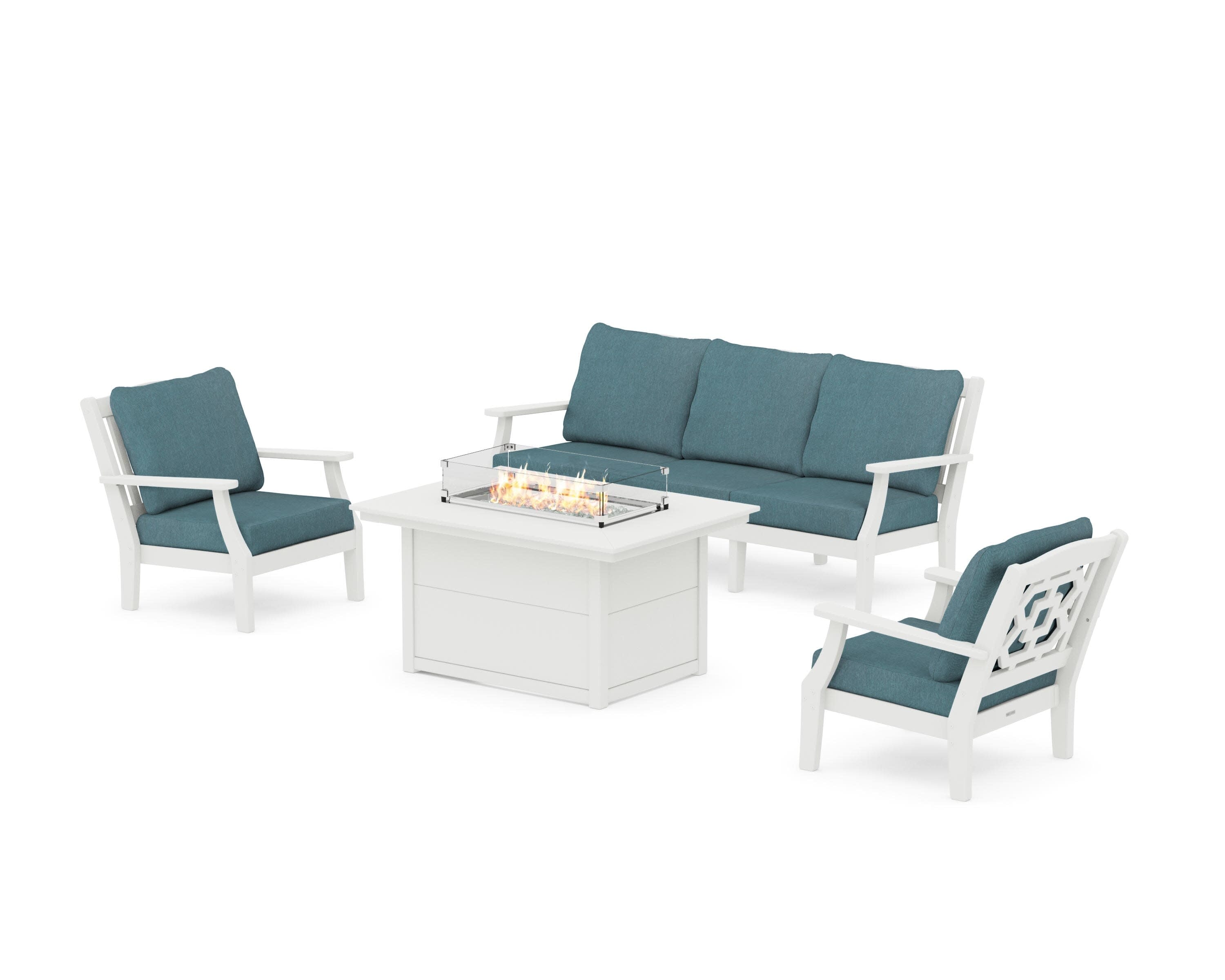 Chinoiserie Deep Seating Fire Pit Table Set in Vintage White / Ocean Teal