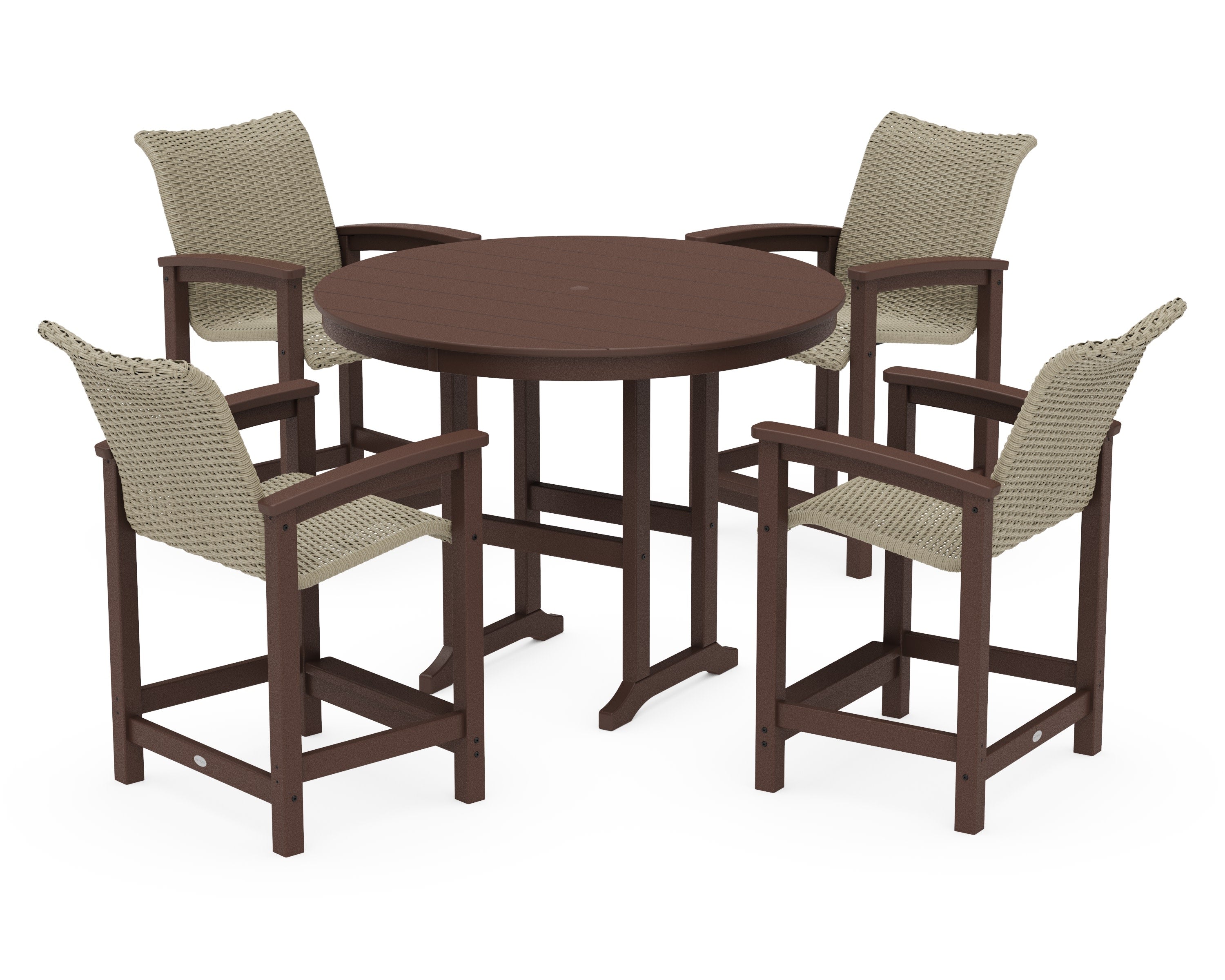 Coastal Woven 5-Piece Round Farmhouse Counter Set in Mahogany / Dune Grass