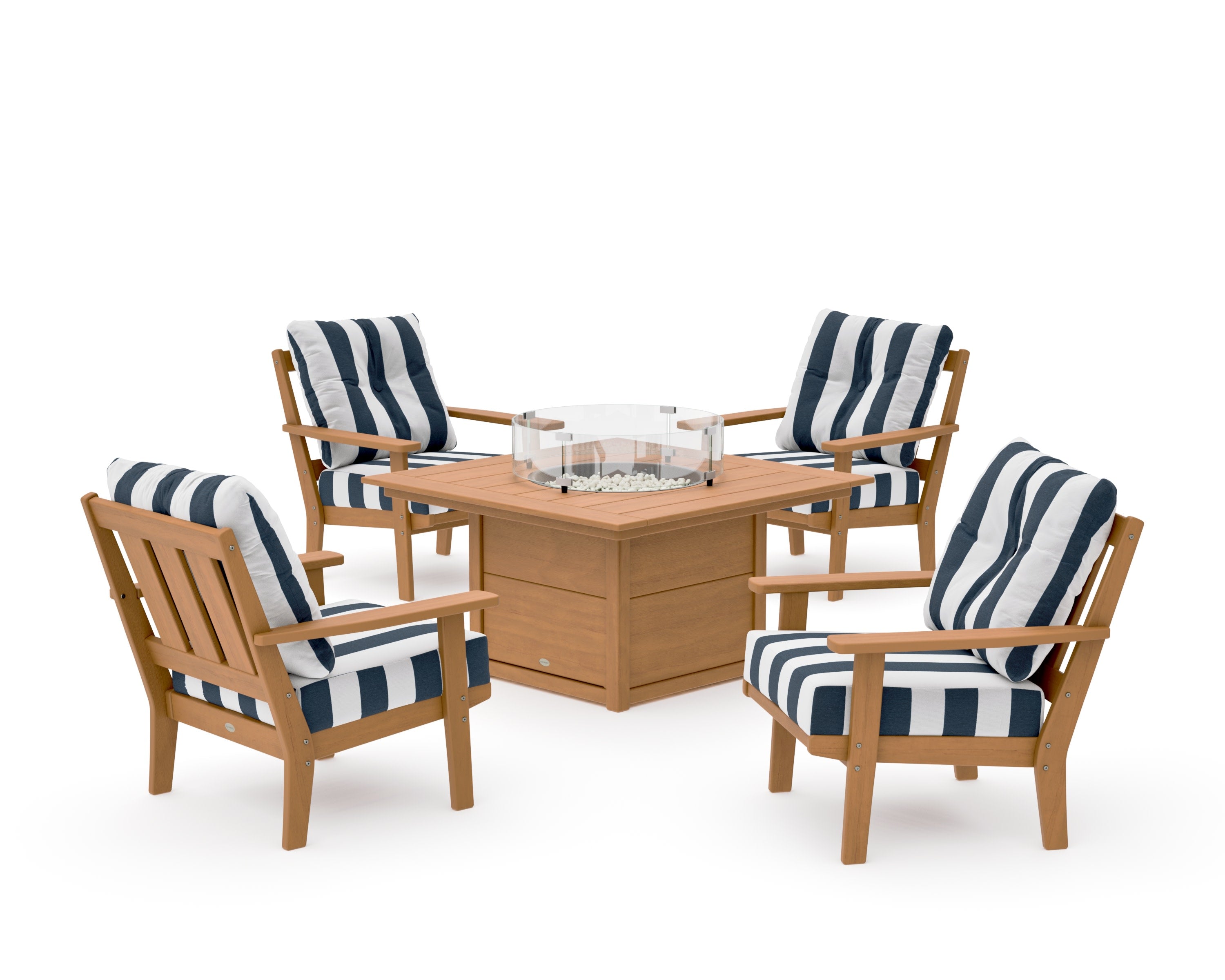 Oxford 5-Piece Deep Seating Set with Fire Pit Table in Natural / Cabana Stripe Marine Indigo