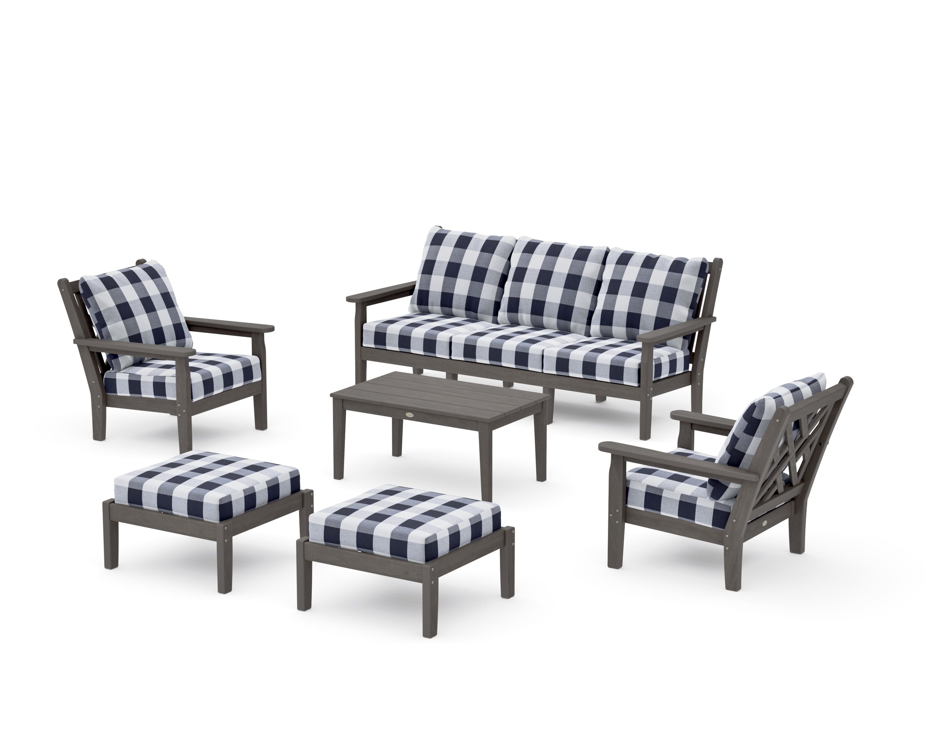 Chippendale 6-Piece Lounge Sofa Set in Driftwood / Buffalo Plaid Navy