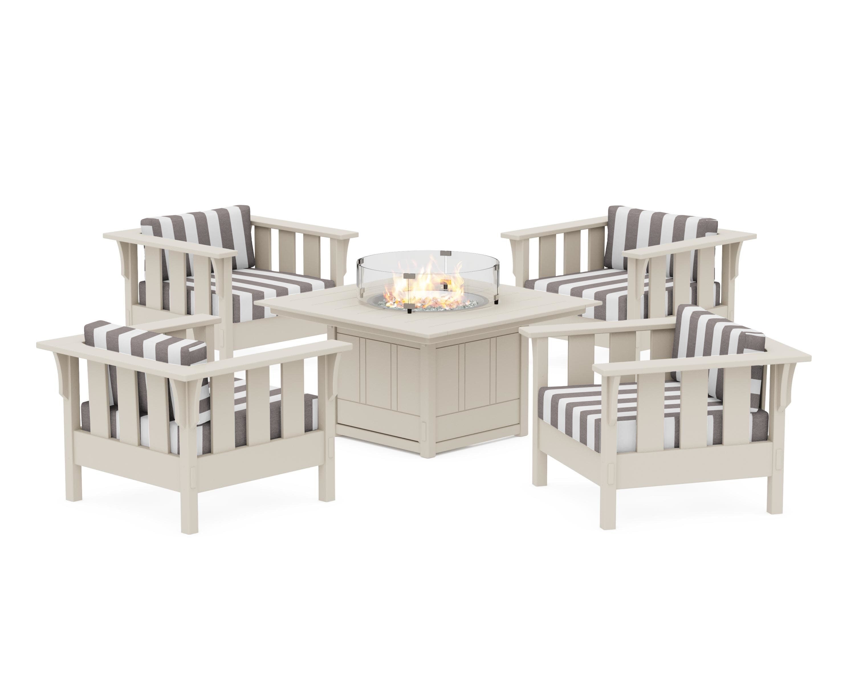 Acadia 5-Piece Deep Seating Set with Fire Pit Table in Sand / Cabana Stripe Grey Mist
