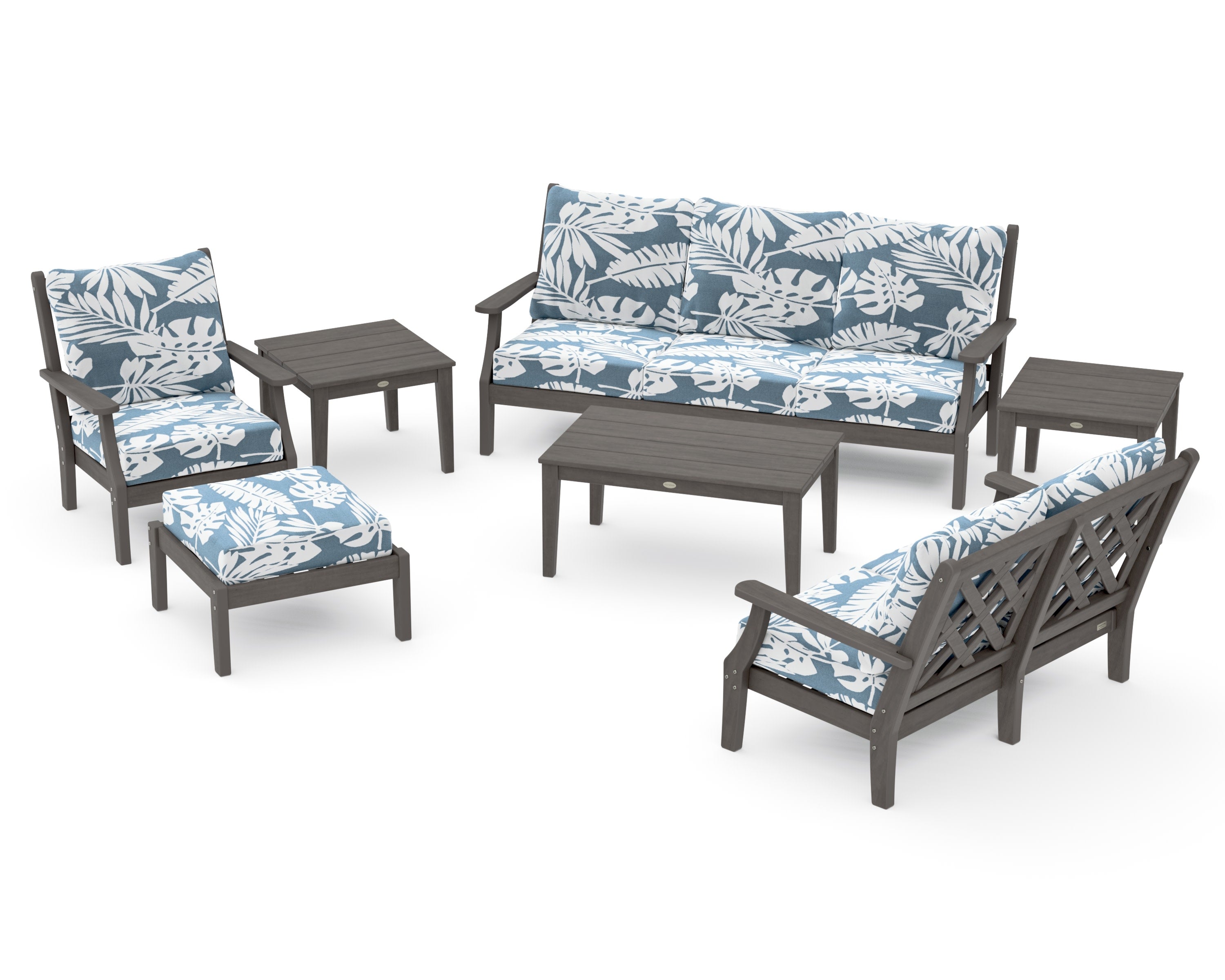 Wovendale 7-Piece Deep Seating Set in Driftwood / Leaf Sky Blue