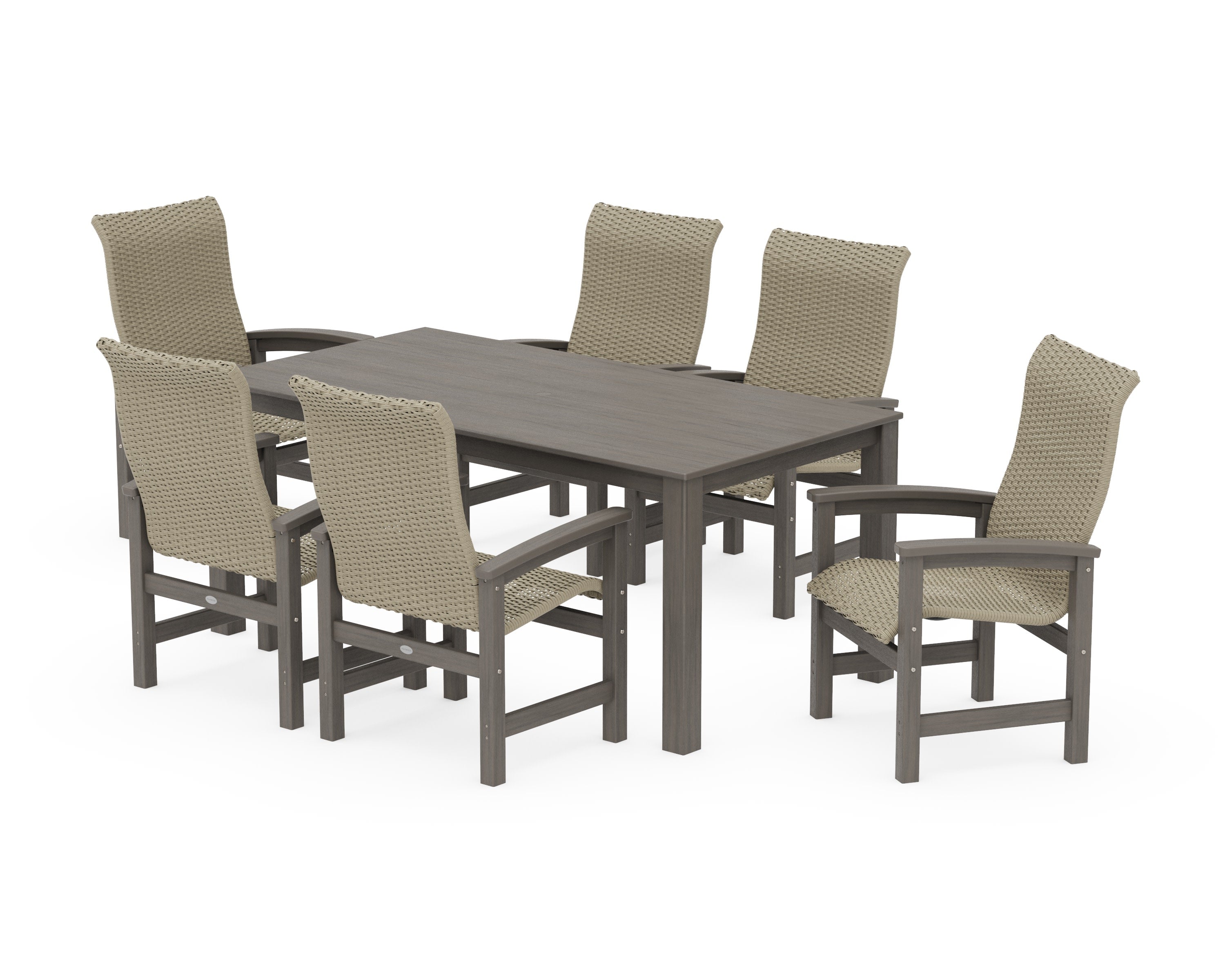 Coastal Woven High-Back Arm Chair 7-Piece Parsons Dining Set in Driftwood / Dune Grass