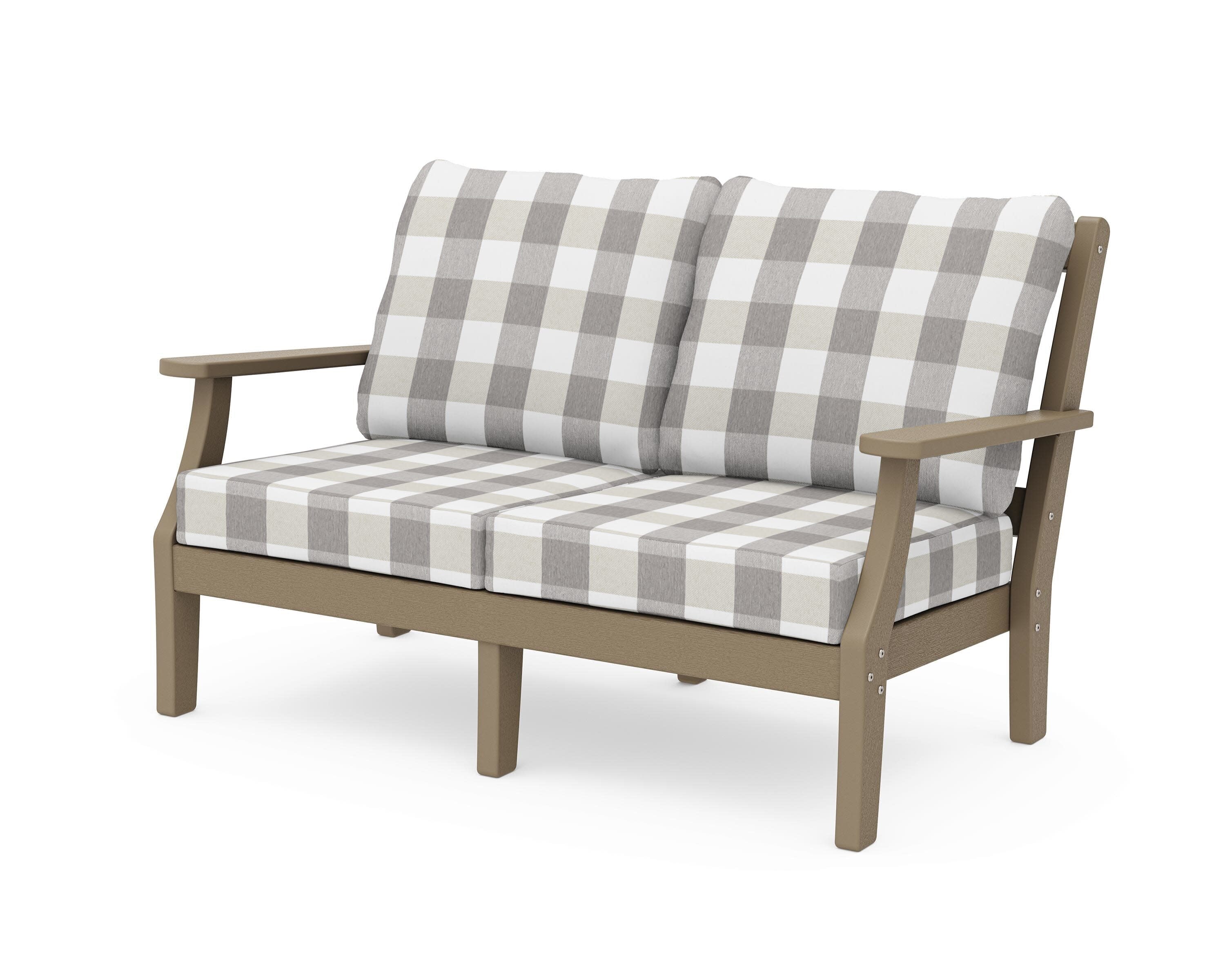 Chinoiserie Deep Seating Loveseat in Vintage Sahara / Buffalo Plaid Grey Mist
