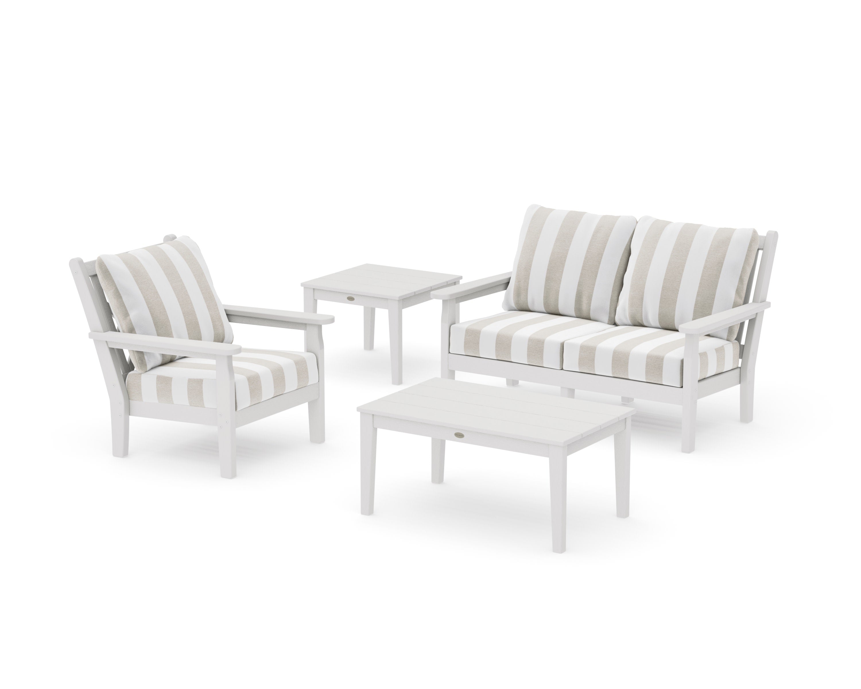 Chippendale 4-Piece Deep Seating Set in Vintage White / Cabana Stripe Dune Burlap