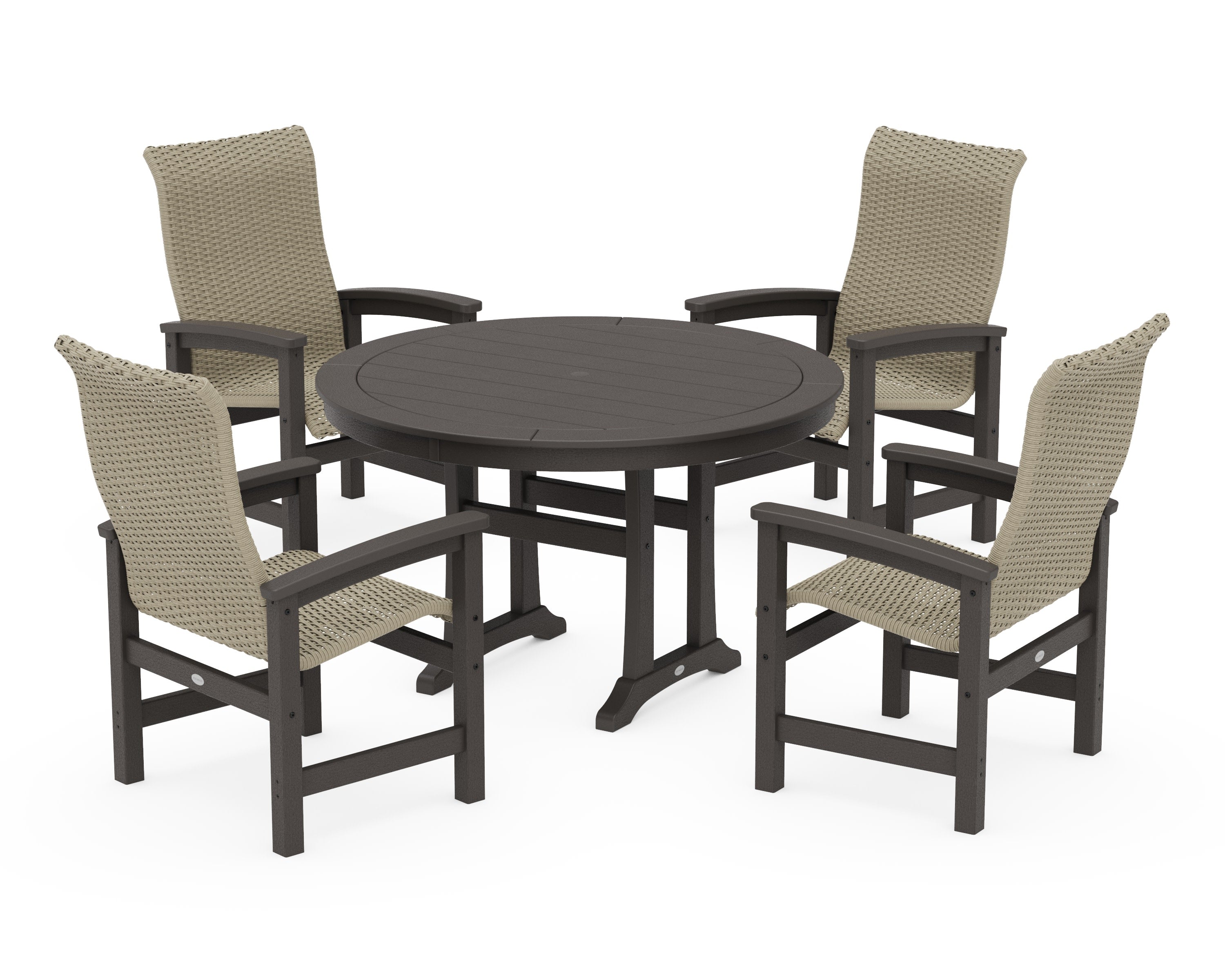 Coastal Woven High-Back 5-Piece Round Dining Set with Trestle Legs in Vintage Coffee / Dune Grass