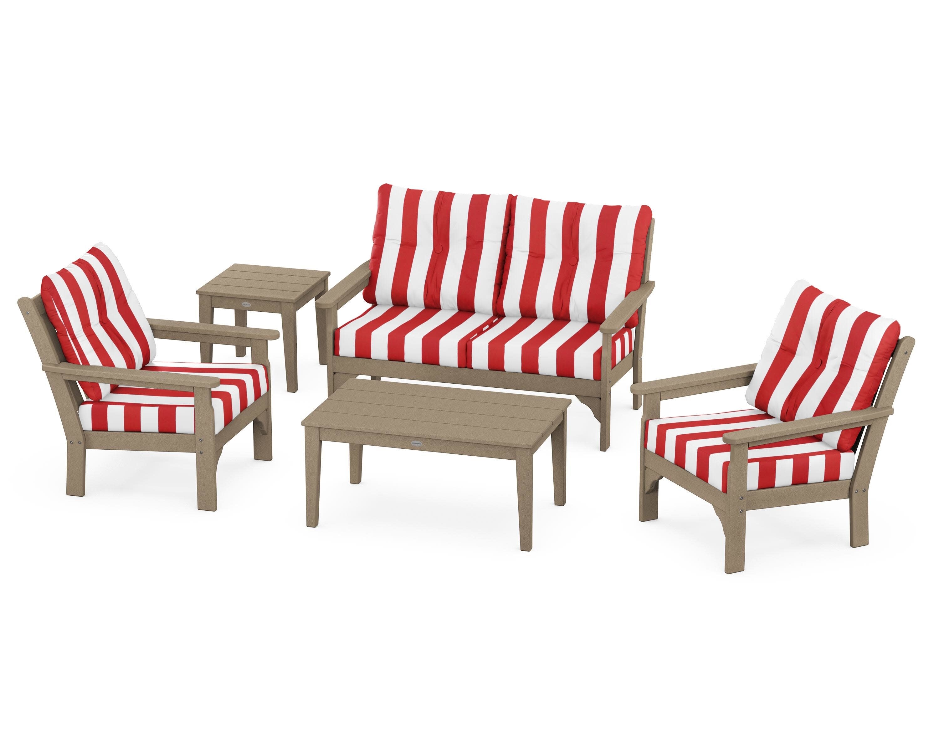 Vineyard 5-Piece Deep Seating Set in Vintage Sahara / Cabana Stripe Crimson