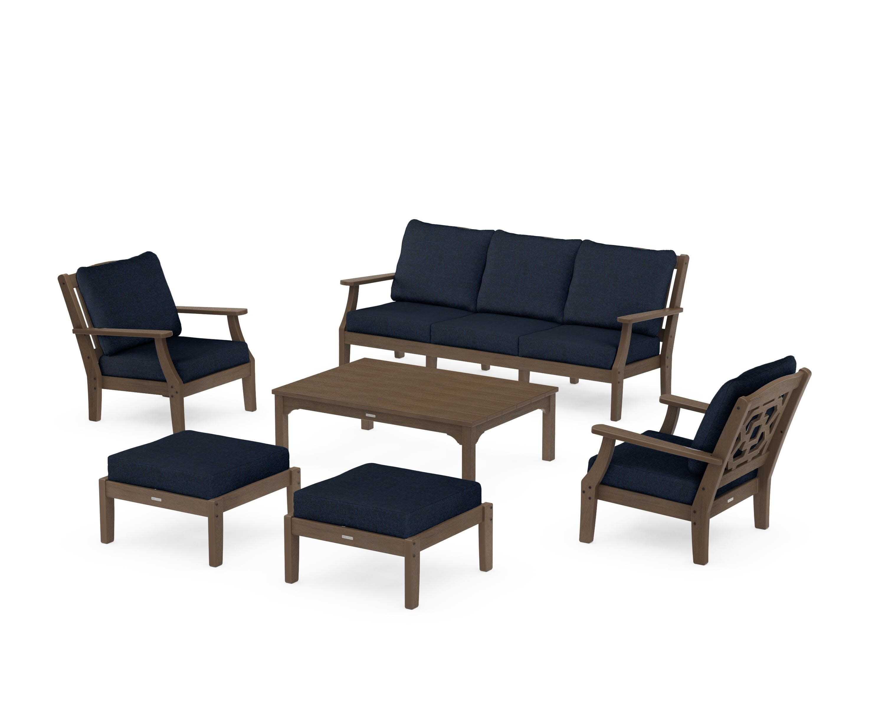 Chinoiserie 6-Piece Lounge Sofa Set in Kona / Marine Indigo