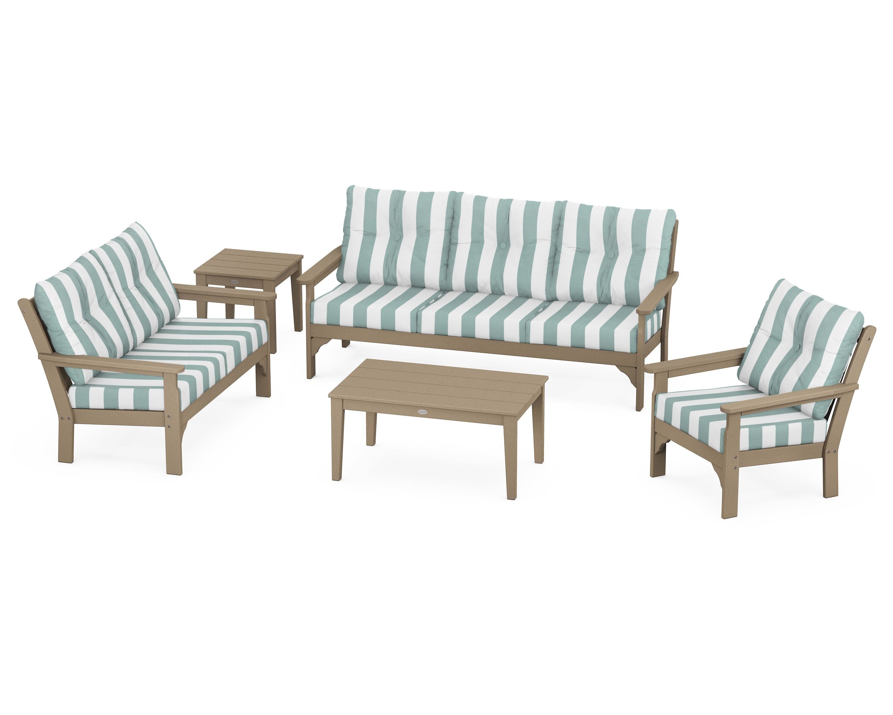 Vineyard 5 Piece Deep Seating Set in Vintage Sahara / Cabana Stripe Glacier Spa