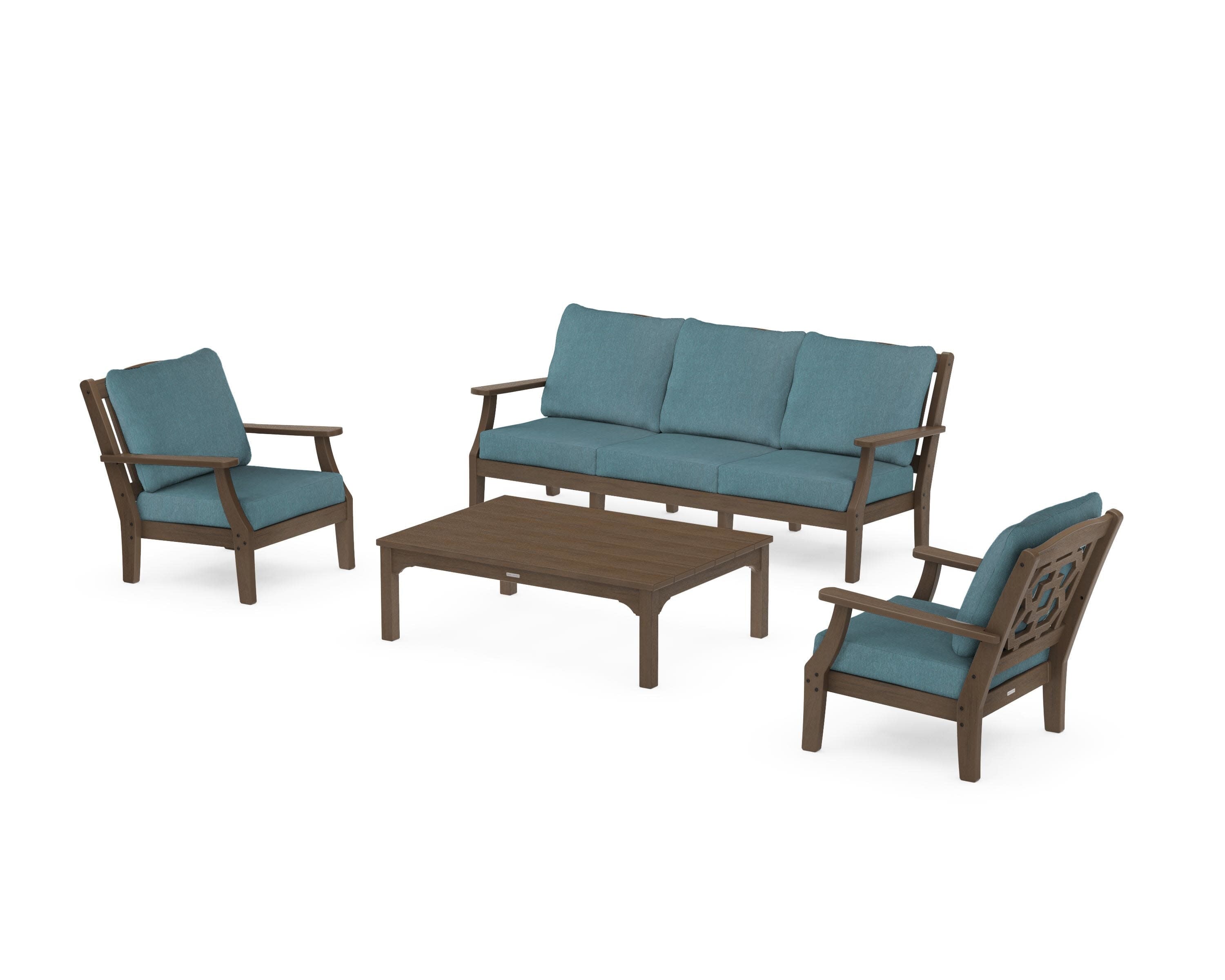 Chinoiserie 4-Piece Deep Seating Set with Sofa in Kona / Ocean Teal