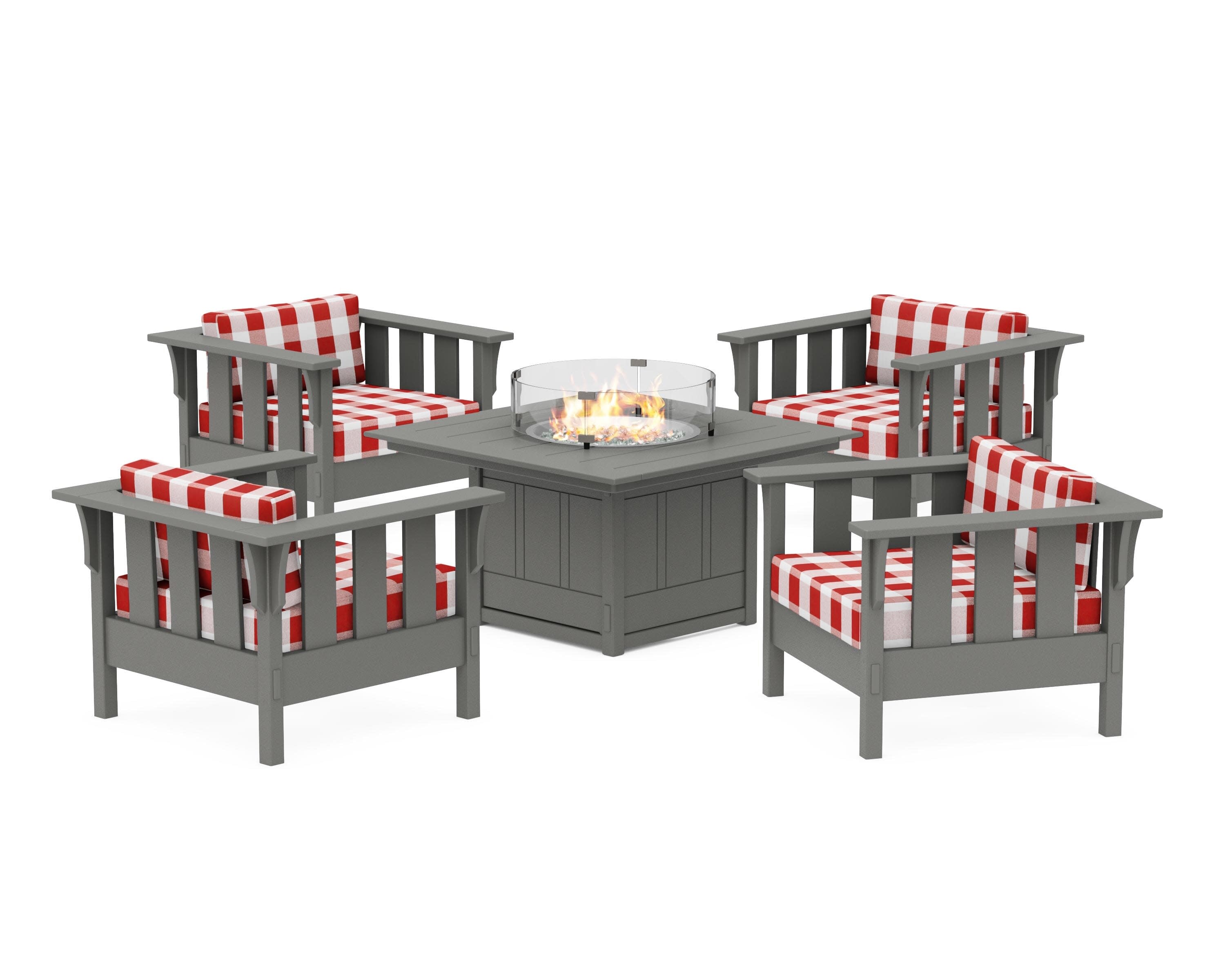 Acadia 5-Piece Deep Seating Set with Fire Pit Table in Slate Grey / Buffalo Plaid Crimson