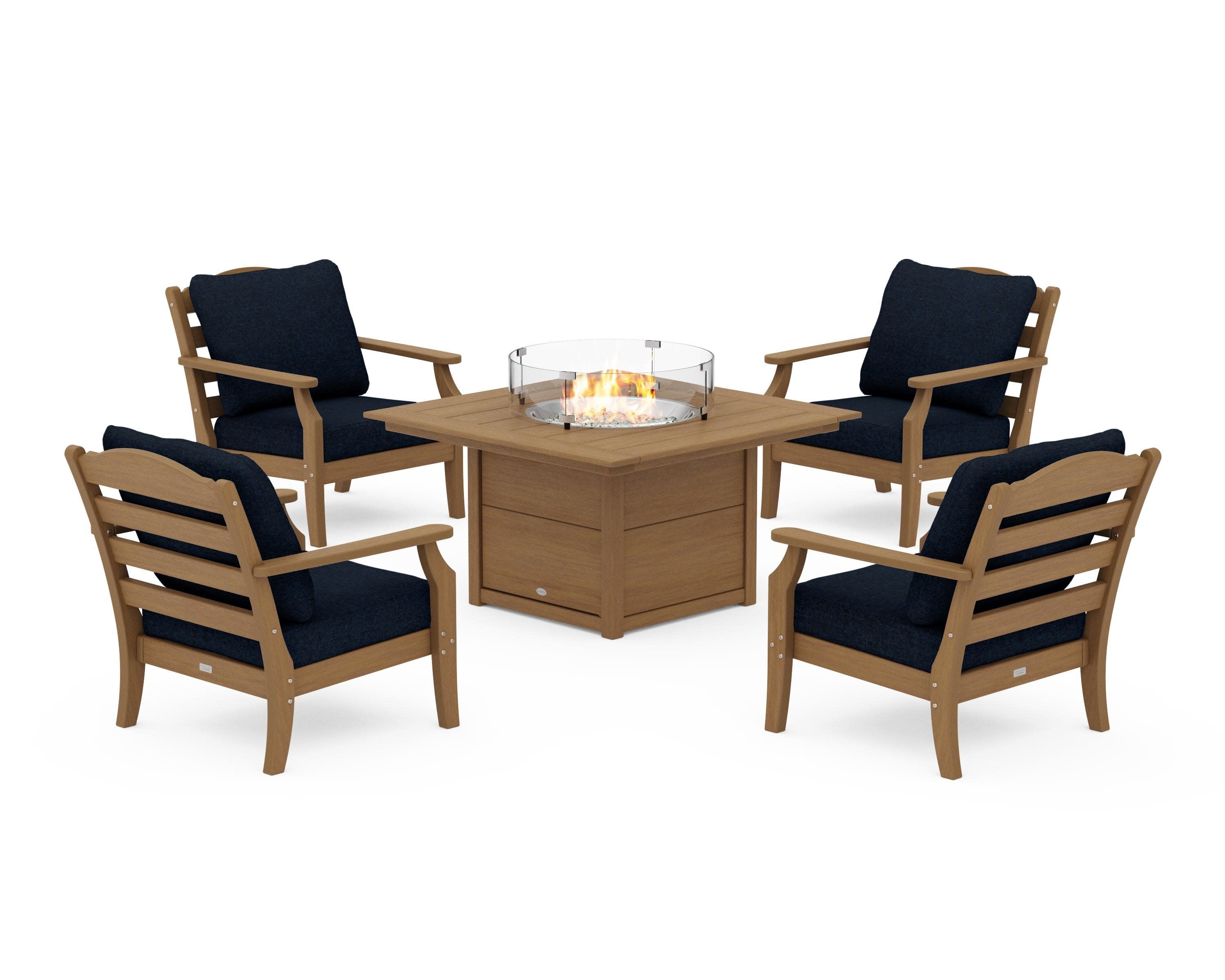 Savannah 5-Piece Deep Seating Set with Fire Pit Table in Natural / Marine Indigo