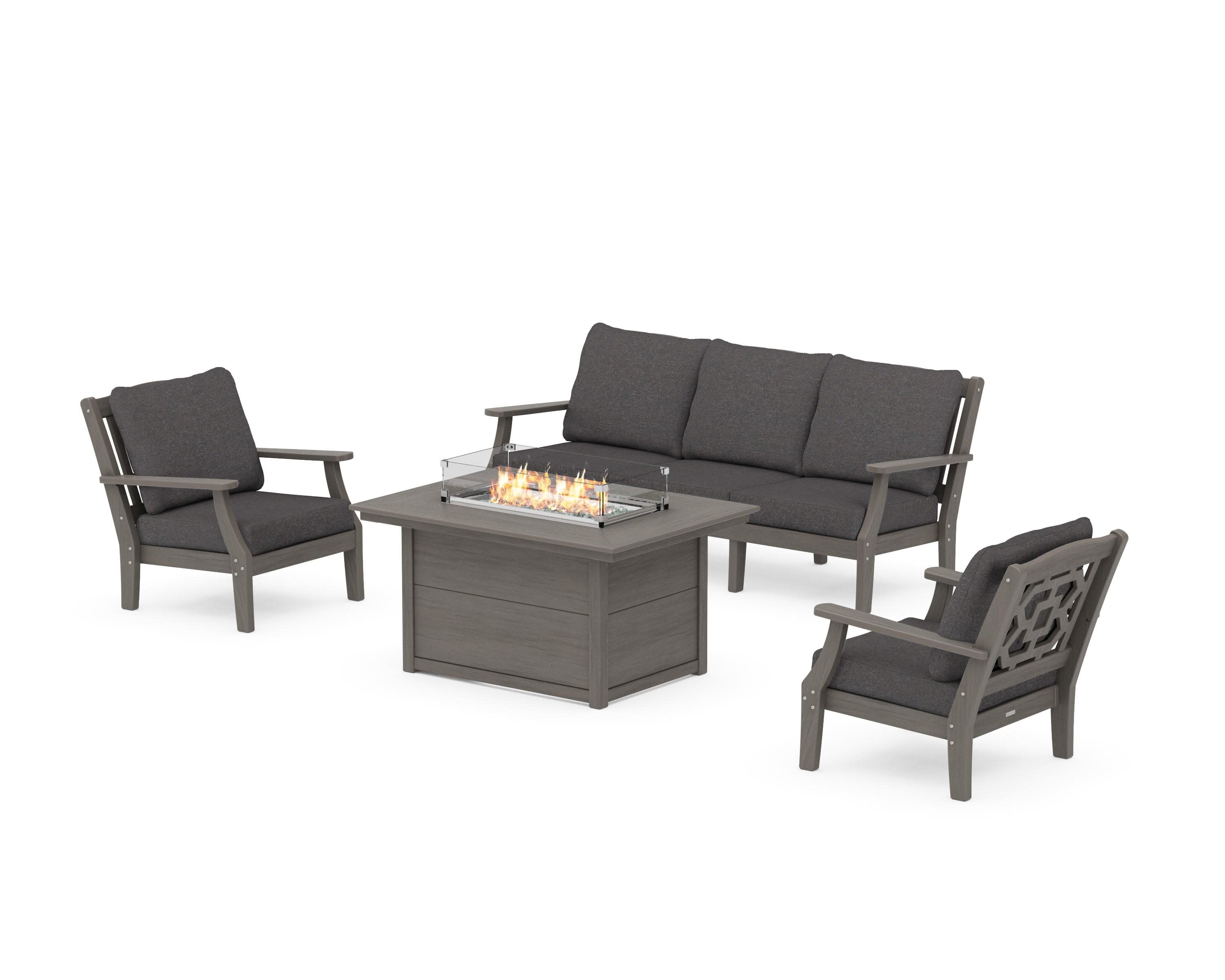 Chinoiserie Deep Seating Fire Pit Table Set in Driftwood / Ash Charcoal