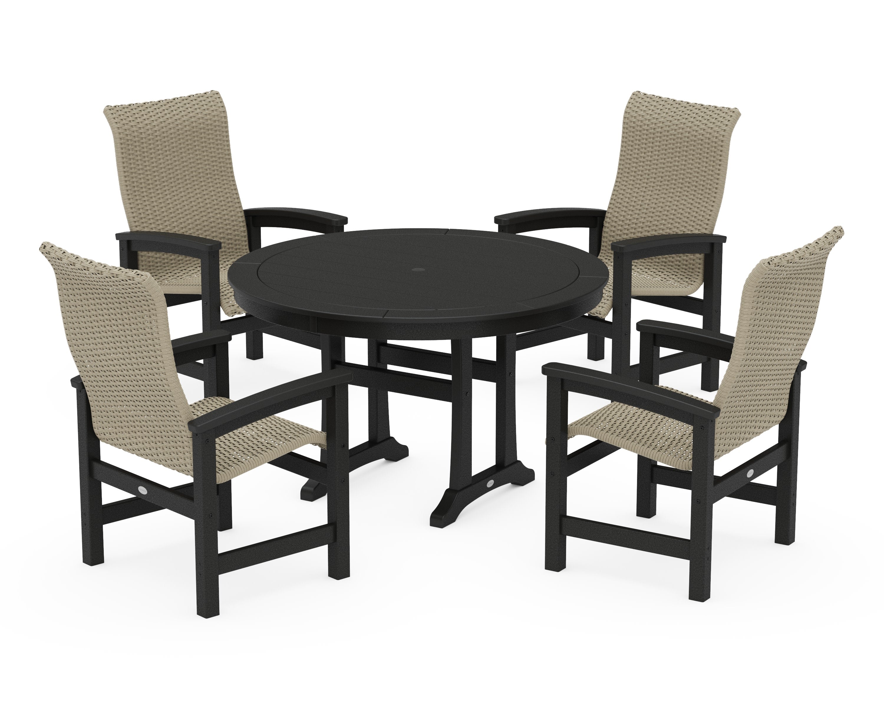 Coastal Woven High-Back 5-Piece Round Dining Set with Trestle Legs in Black / Dune Grass