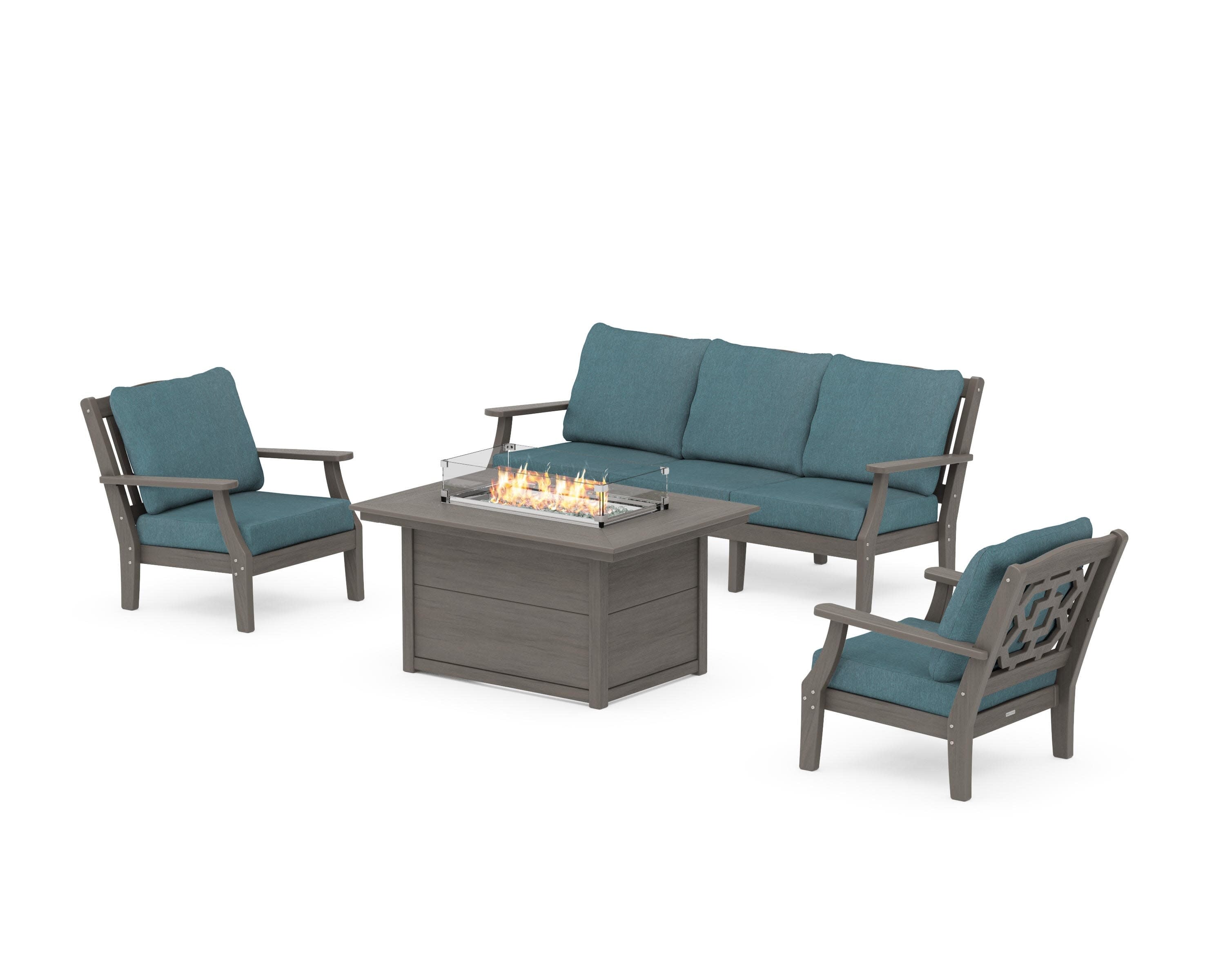 Chinoiserie Deep Seating Fire Pit Table Set in Driftwood / Ocean Teal