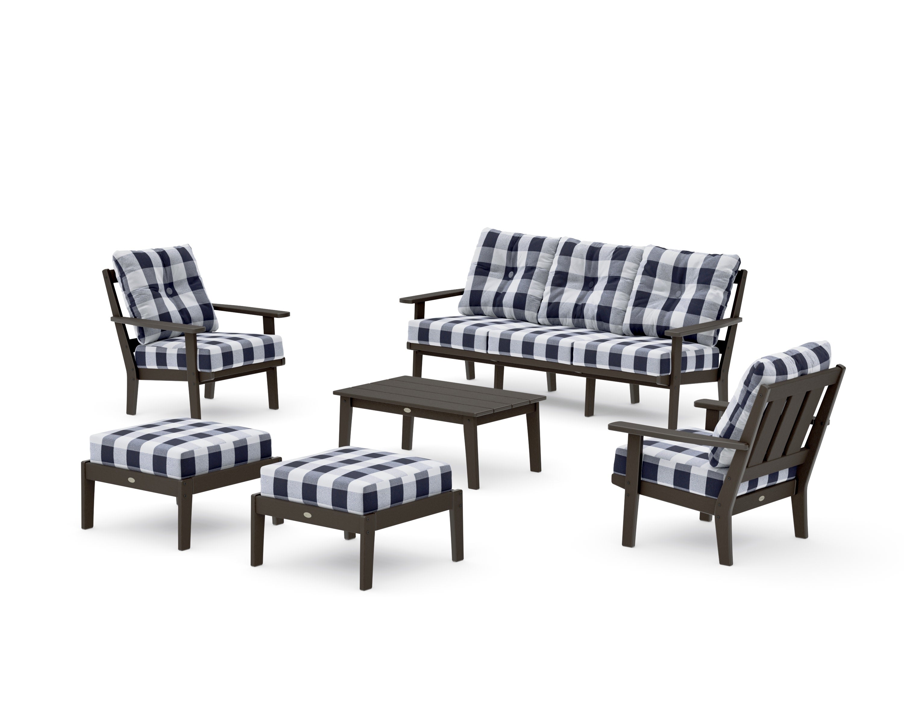 Oxford 6-Piece Lounge Sofa Set in Vintage Coffee / Buffalo Plaid Navy