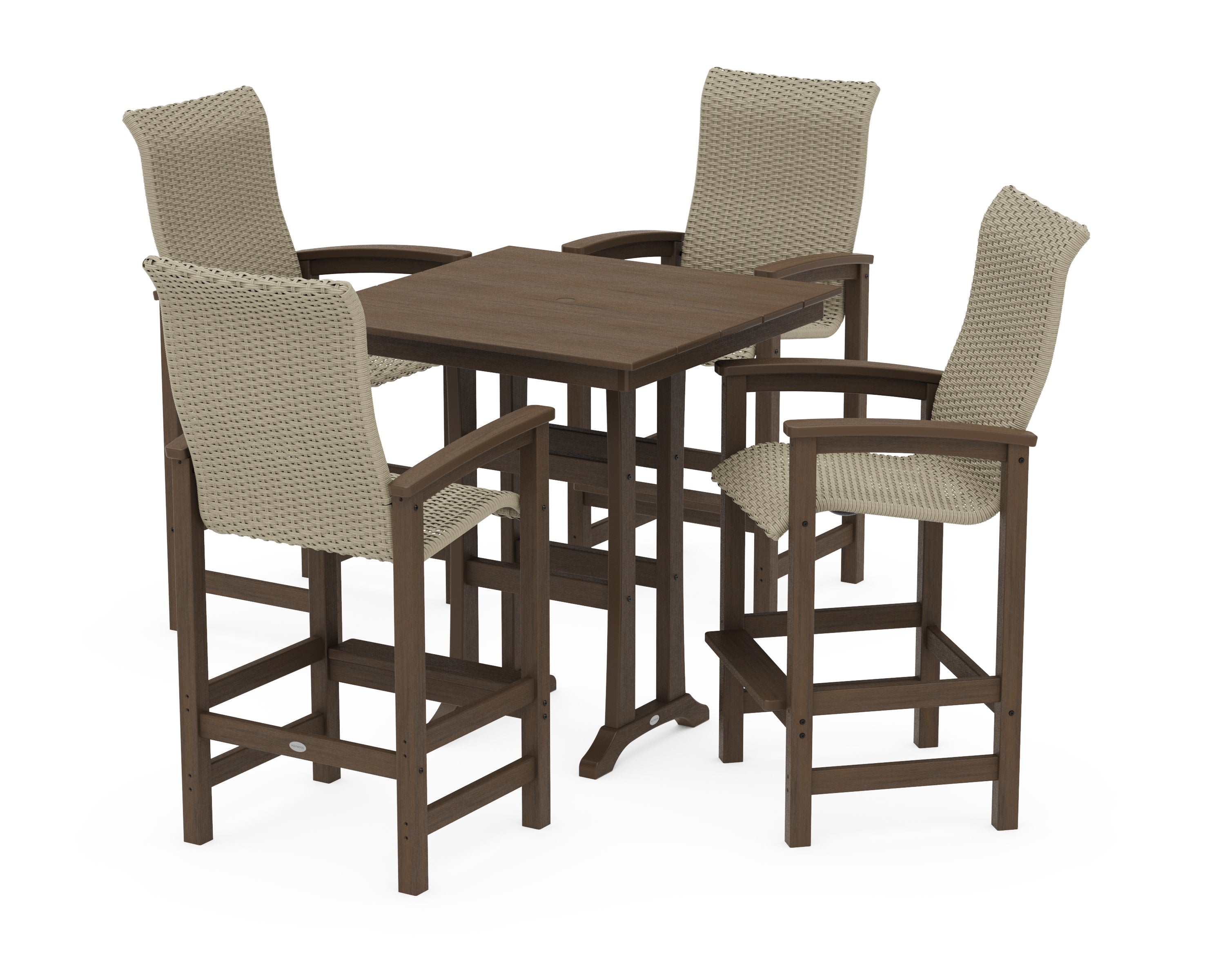 Coastal Woven High-Back 5-Piece Farmhouse Bar Set with Trestle Legs in Kona / Dune Grass