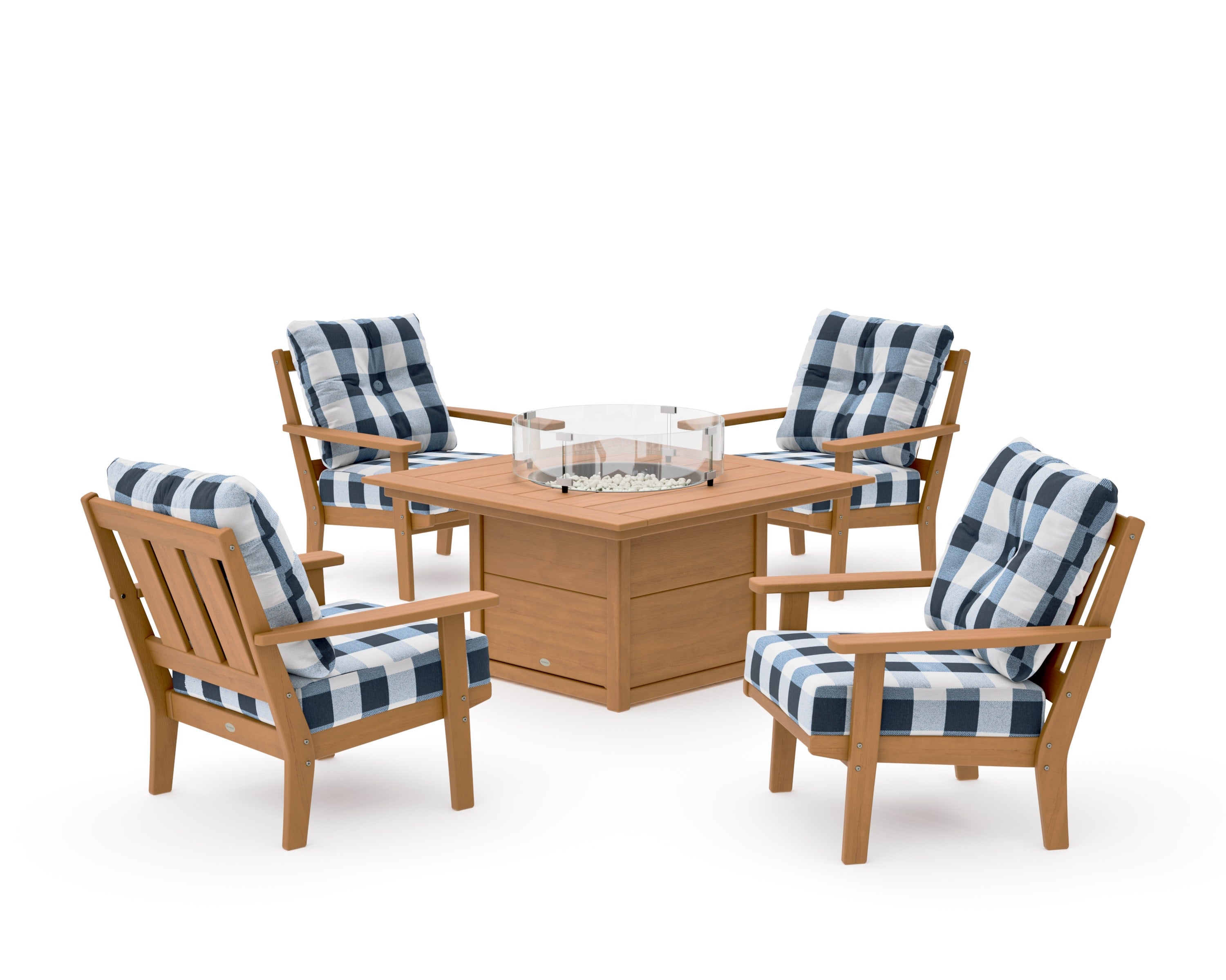 Oxford 5-Piece Deep Seating Set with Fire Pit Table in Natural / Buffalo Plaid Marine Indigo