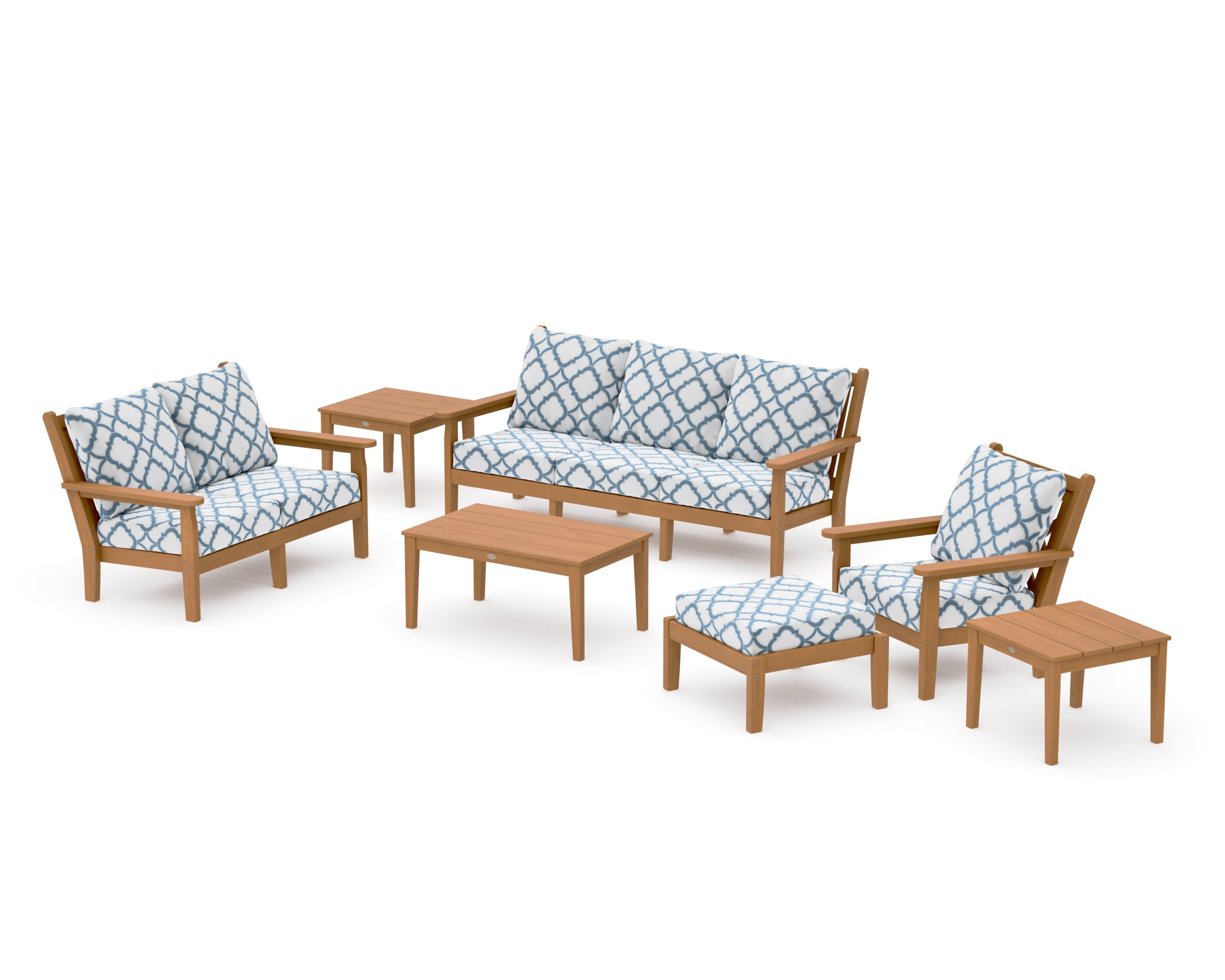 Chippendale 7-Piece Deep Seating Set in Natural / Trellis Sky Blue