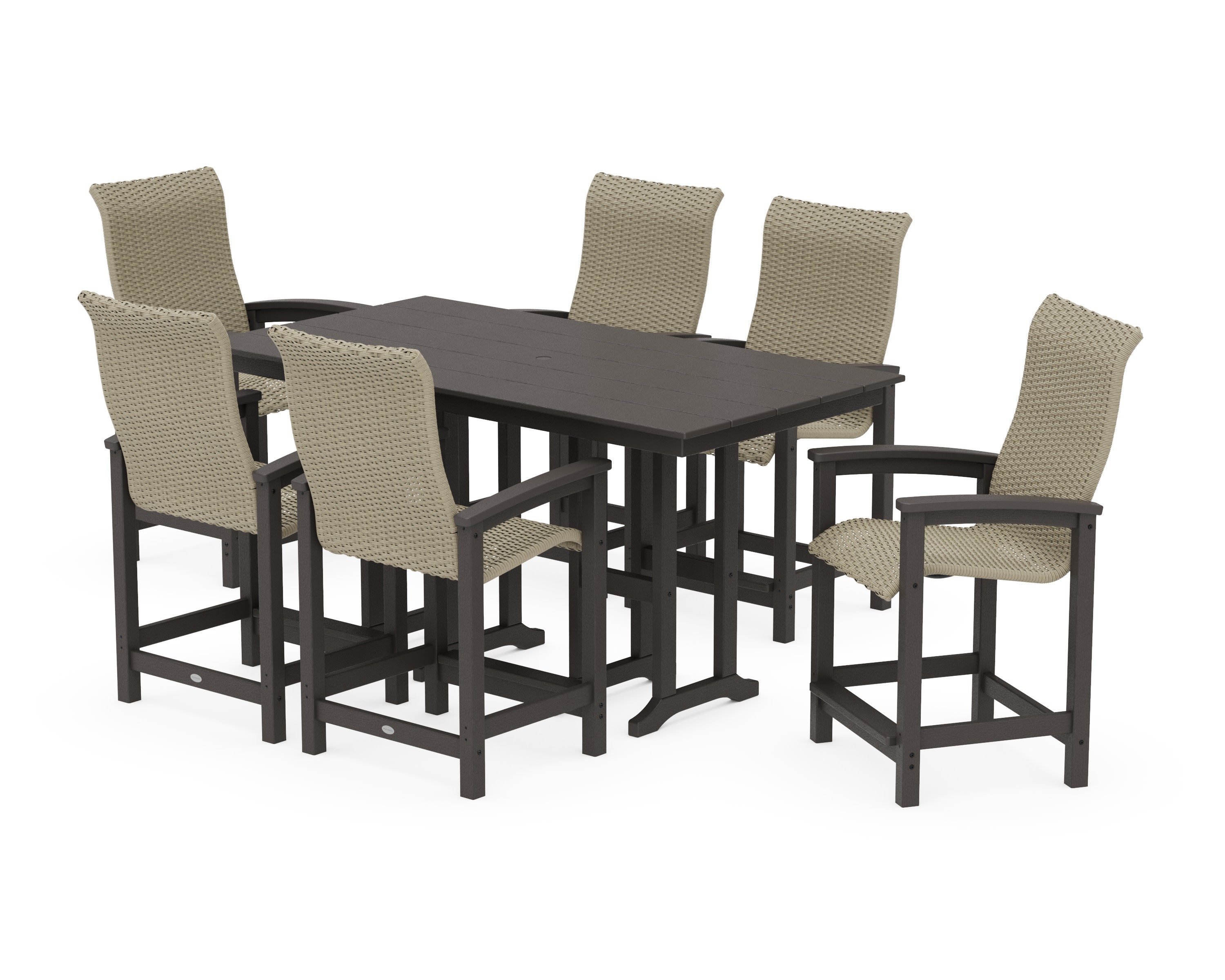 Coastal Woven High-Back Arm Chair 7-Piece Farmhouse Counter Set in Vintage Coffee / Dune Grass