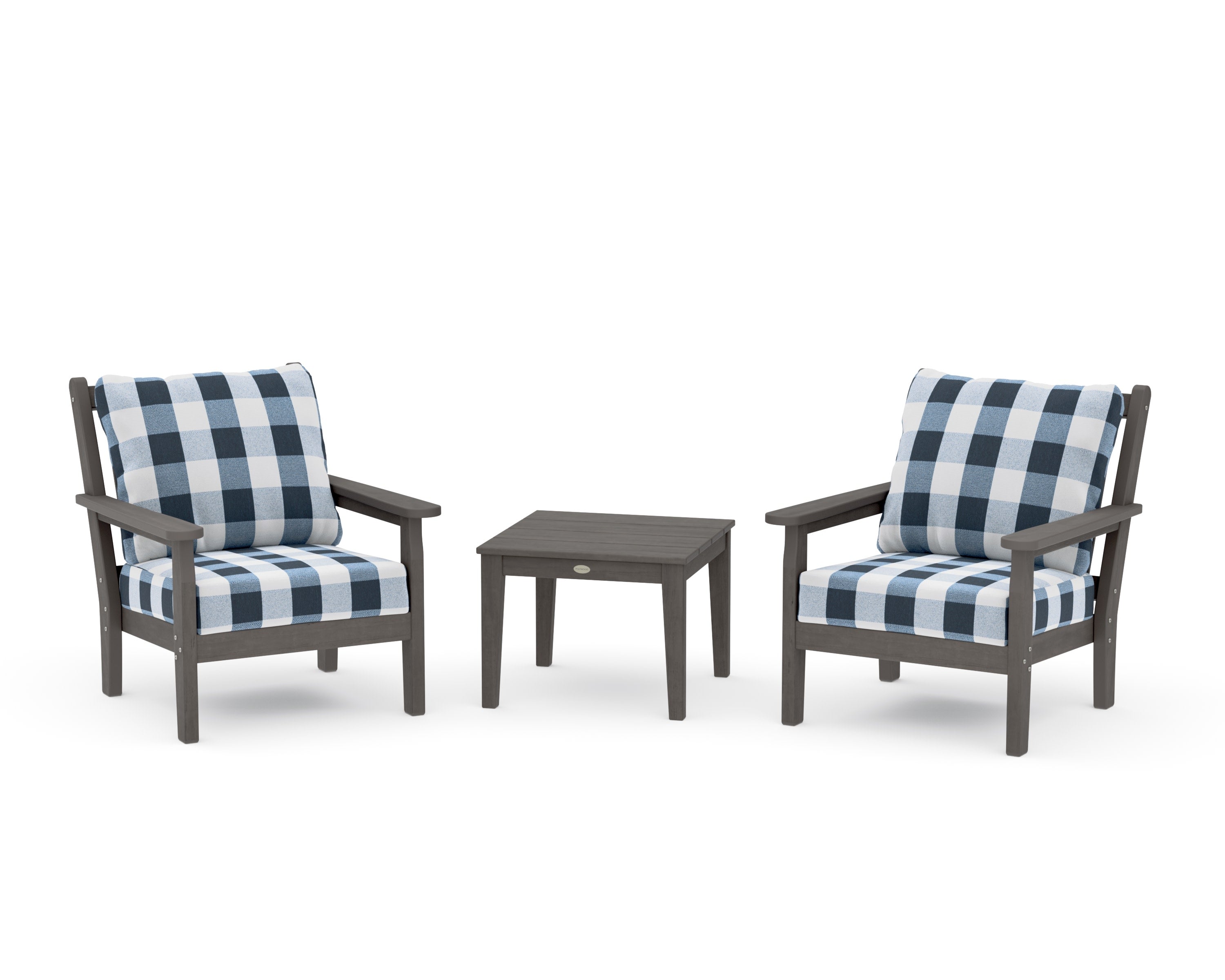 Chippendale 3-Piece Deep Seating Set in Driftwood / Buffalo Plaid Marine Indigo