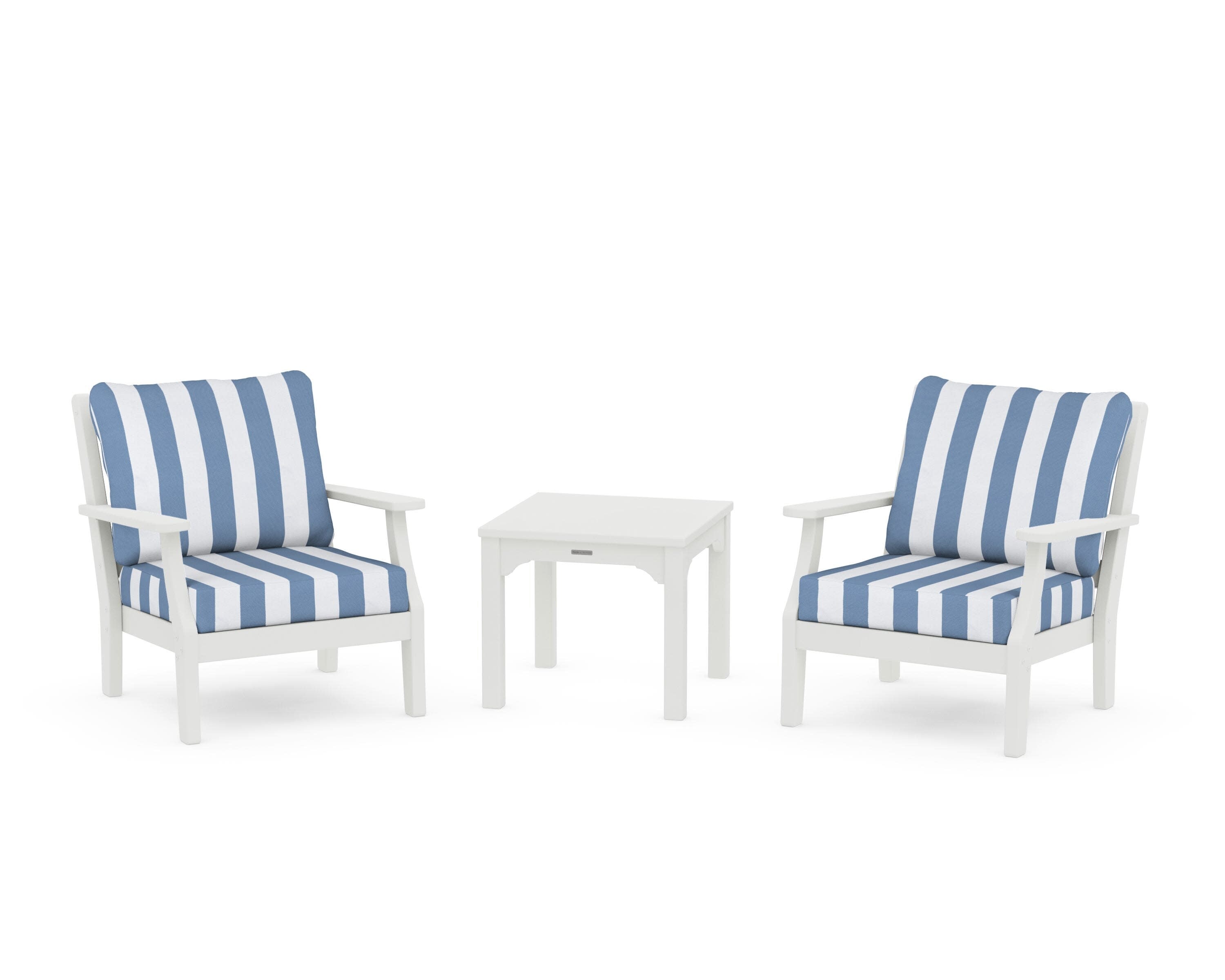 Chinoiserie 3-Piece Deep Seating Set in Vintage White / Cabana Stripe Sky Blue