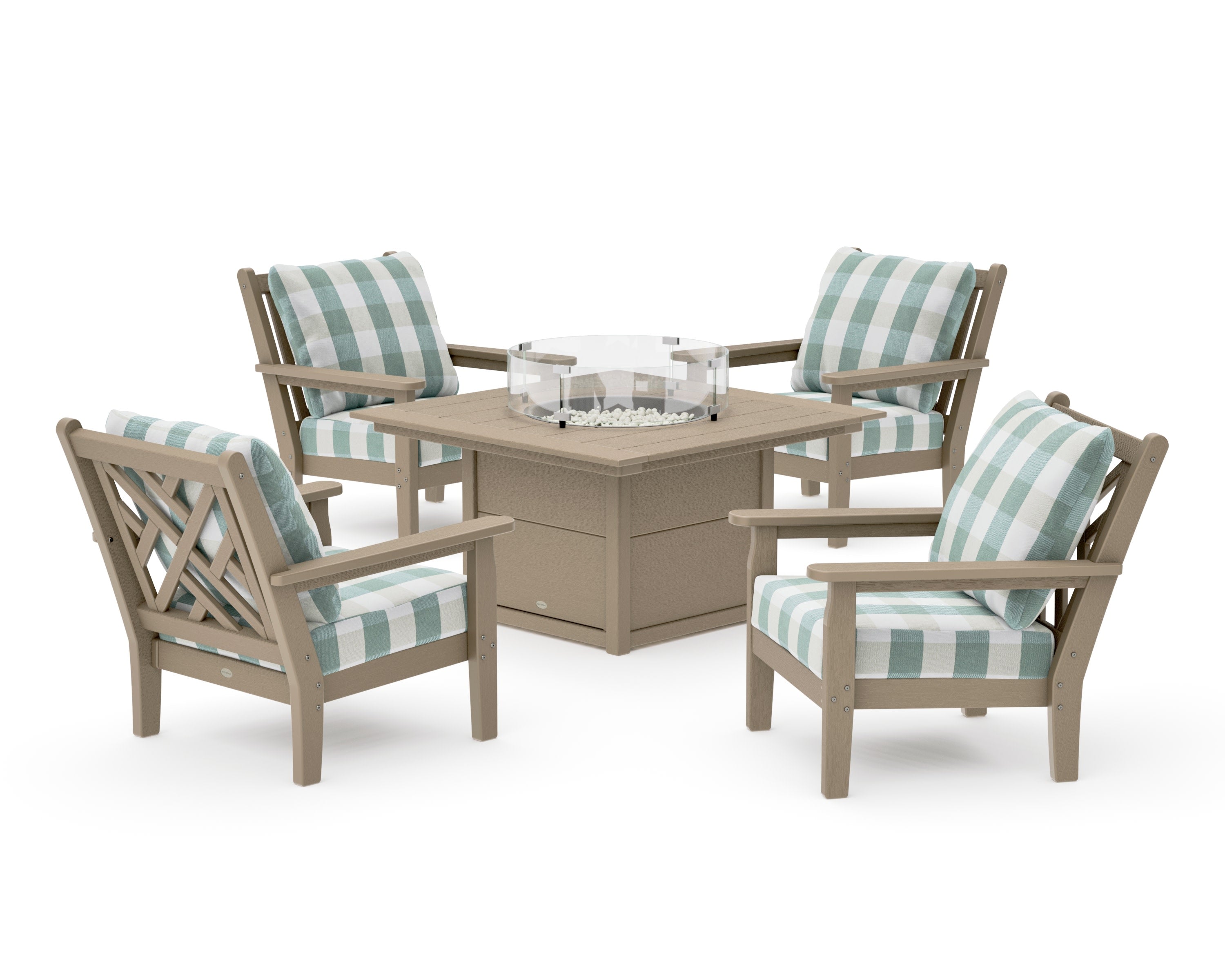 Chippendale 5-Piece Deep Seating Set with Fire Pit Table in Vintage Sahara / Buffalo Plaid Glacier Spa