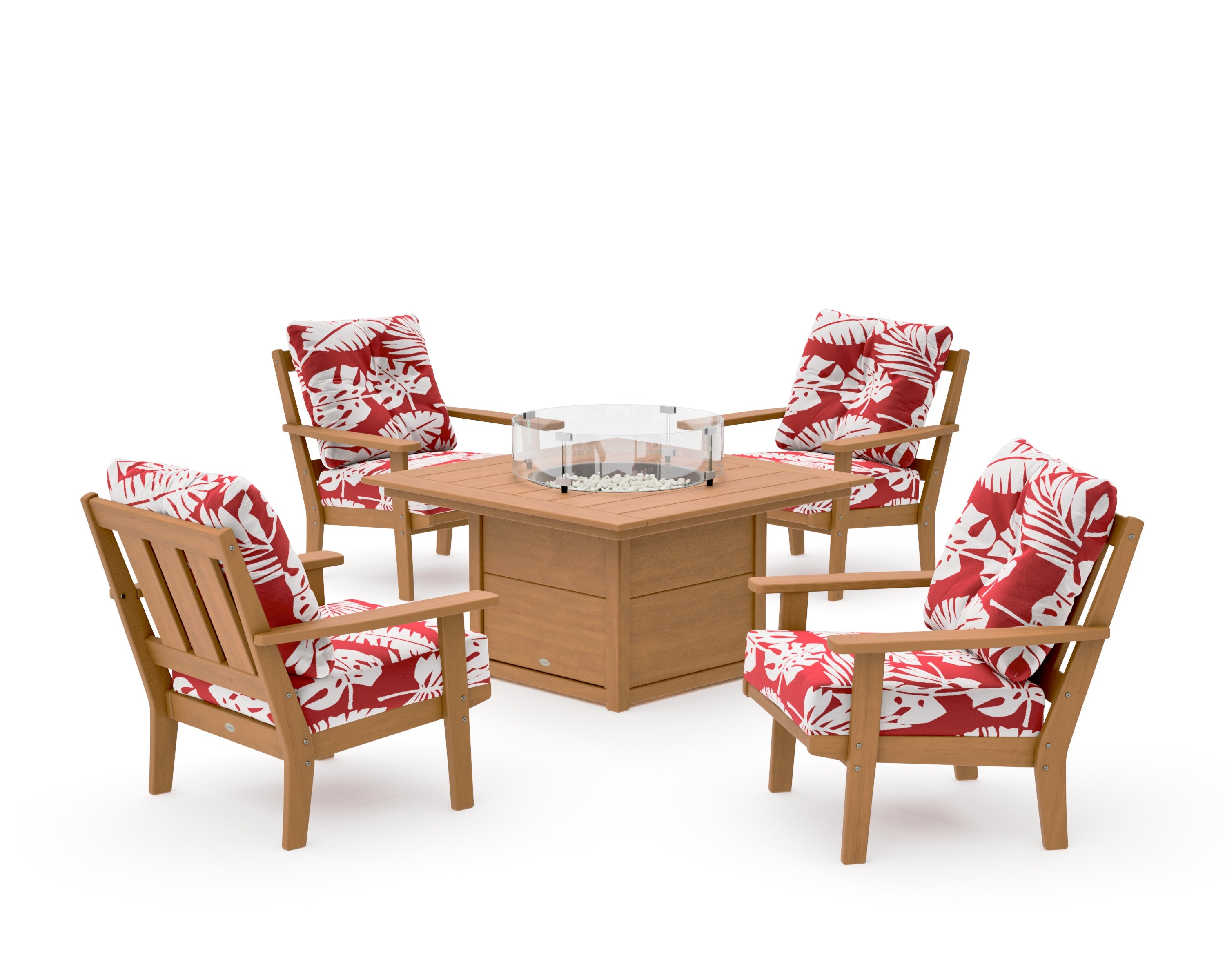 Oxford 5-Piece Deep Seating Set with Fire Pit Table in Natural / Leaf Crimson