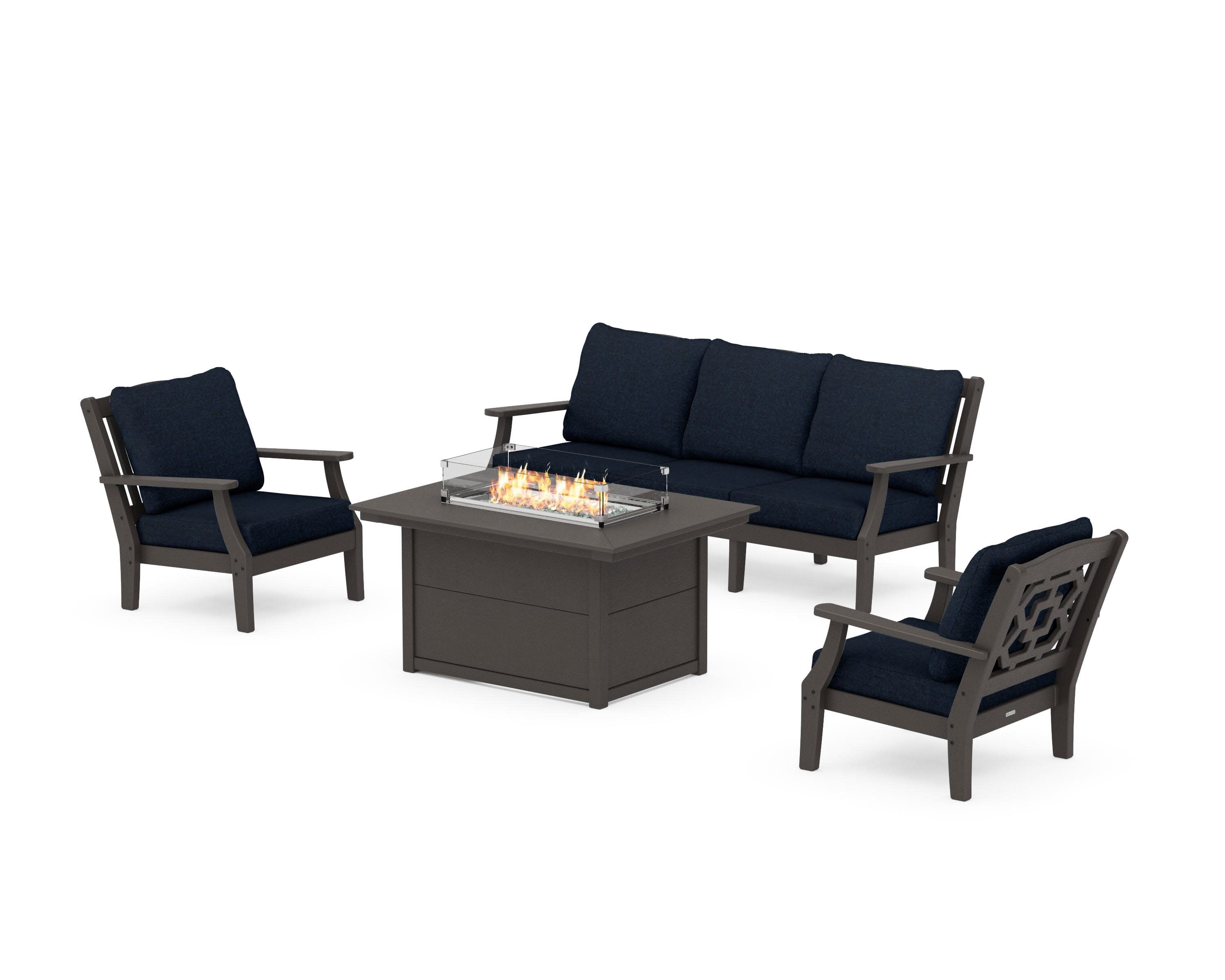 Chinoiserie Deep Seating Fire Pit Table Set in Vintage Coffee / Marine Indigo