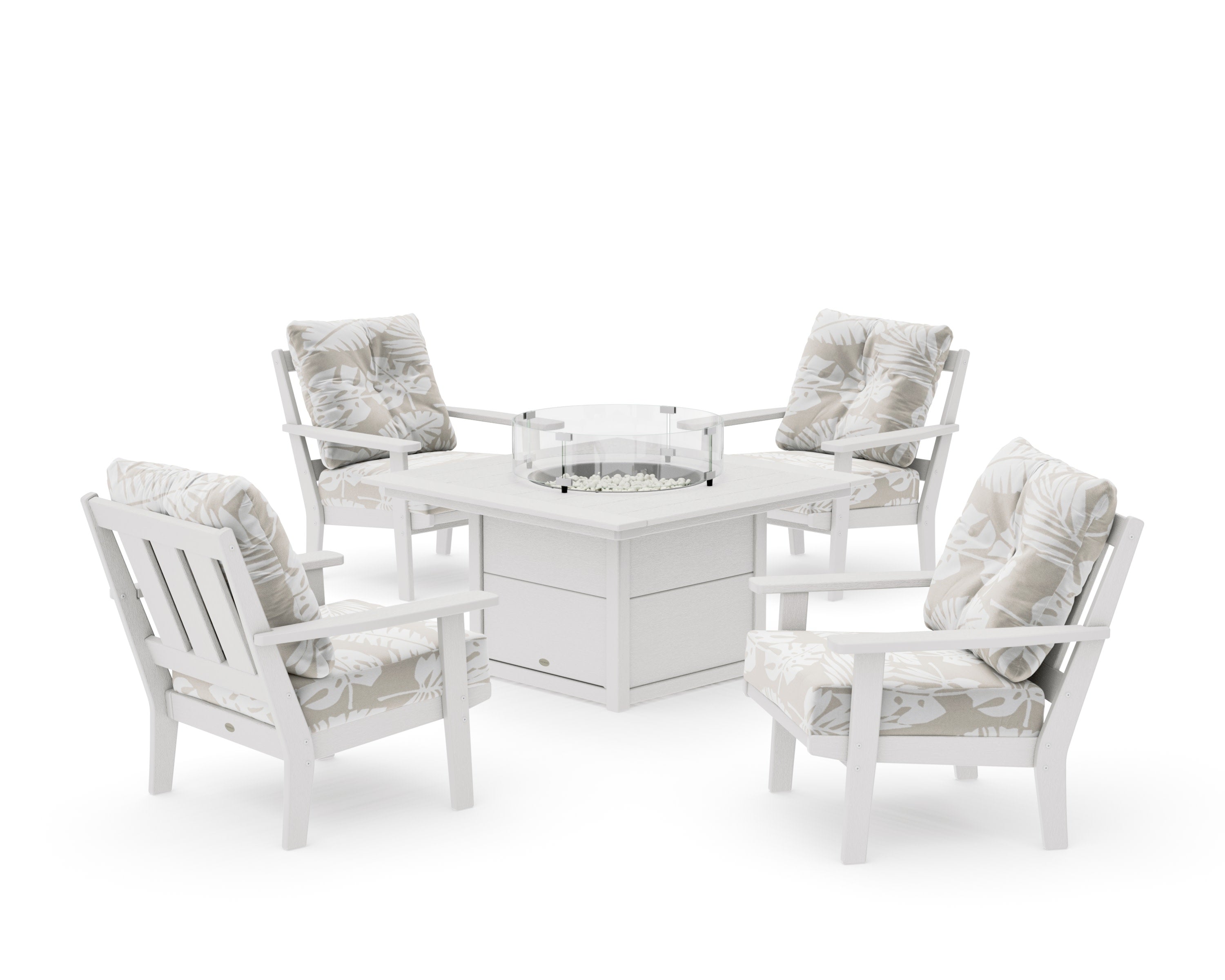 Oxford 5-Piece Deep Seating Set with Fire Pit Table in Vintage White / Leaf Dune Burlap