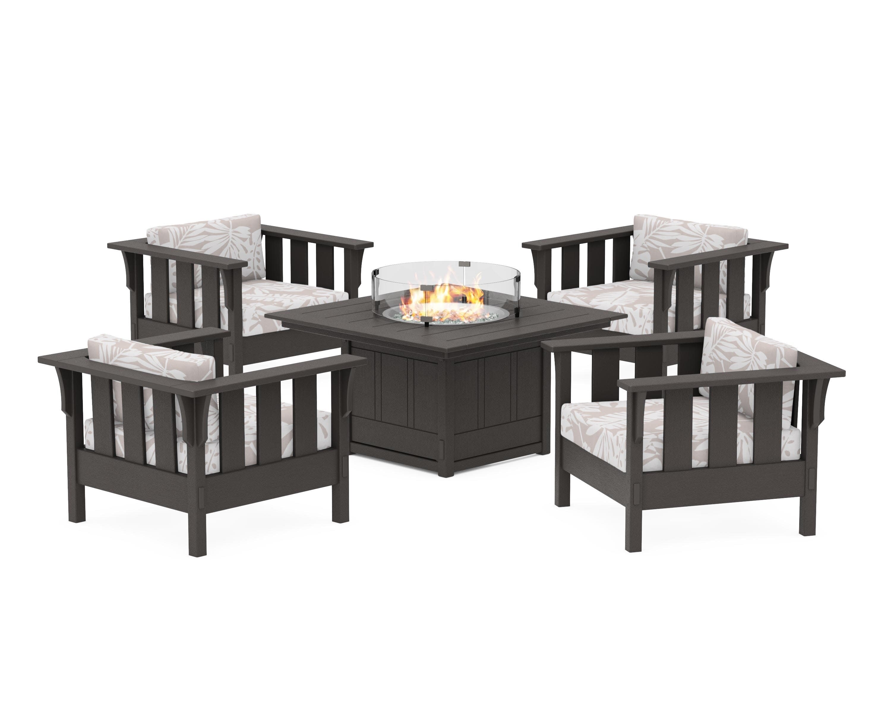 Acadia 5-Piece Deep Seating Set with Fire Pit Table in Vintage Coffee / Leaf Dune Burlap