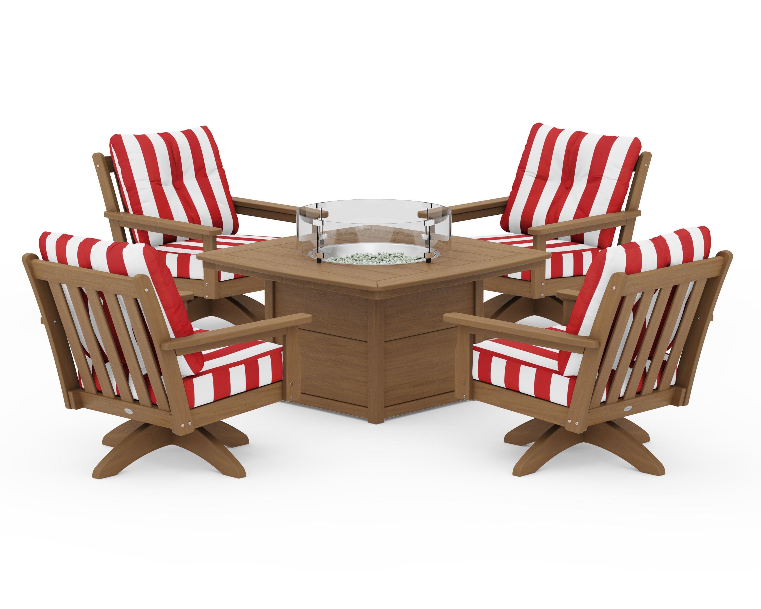 Vineyard 5-Piece Deep Seating Swivel Conversation Set with Fire Pit Table in Natural / Cabana Stripe Crimson
