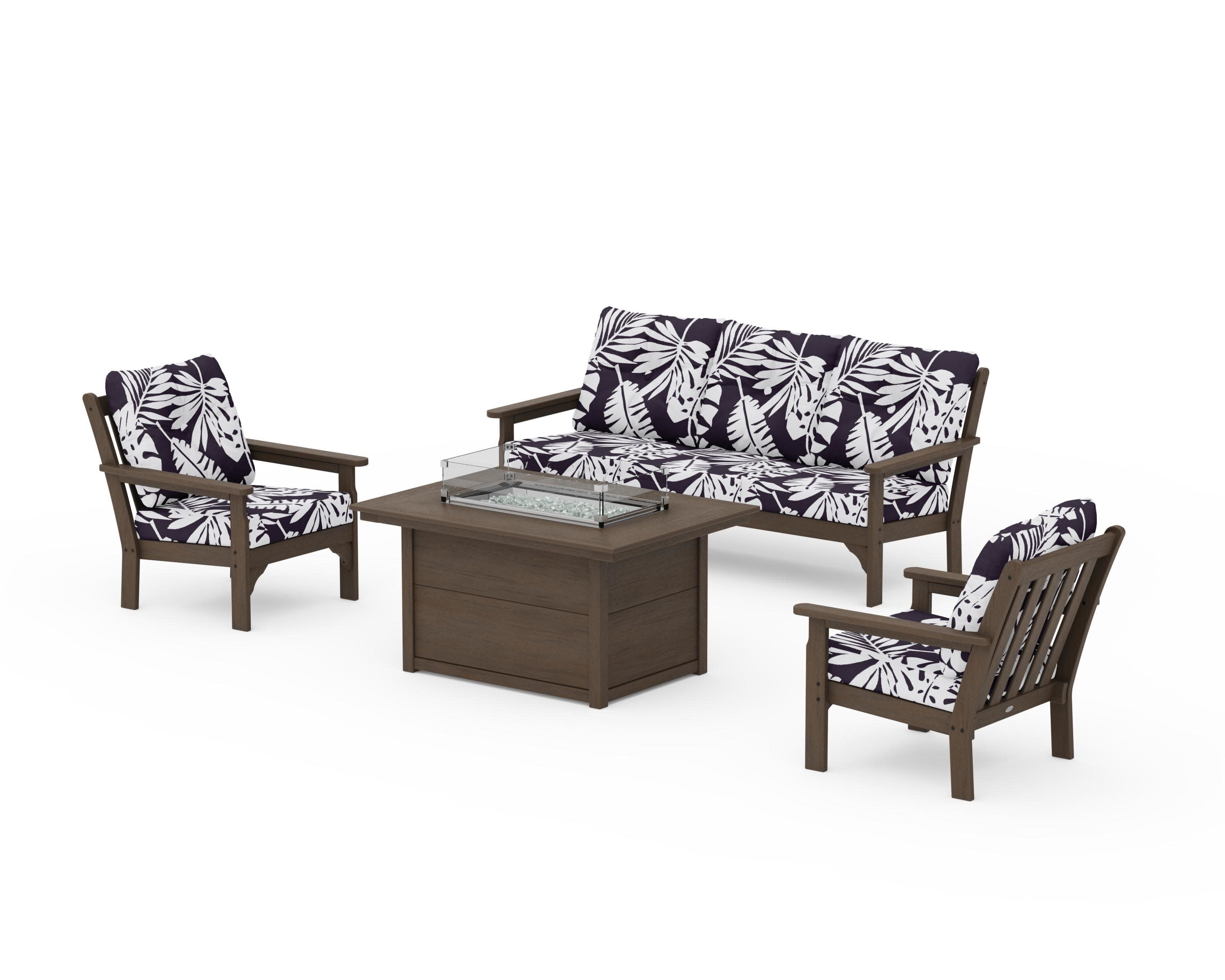 Vineyard Deep Seating Fire Pit Table Set in Kona / Leaf Navy