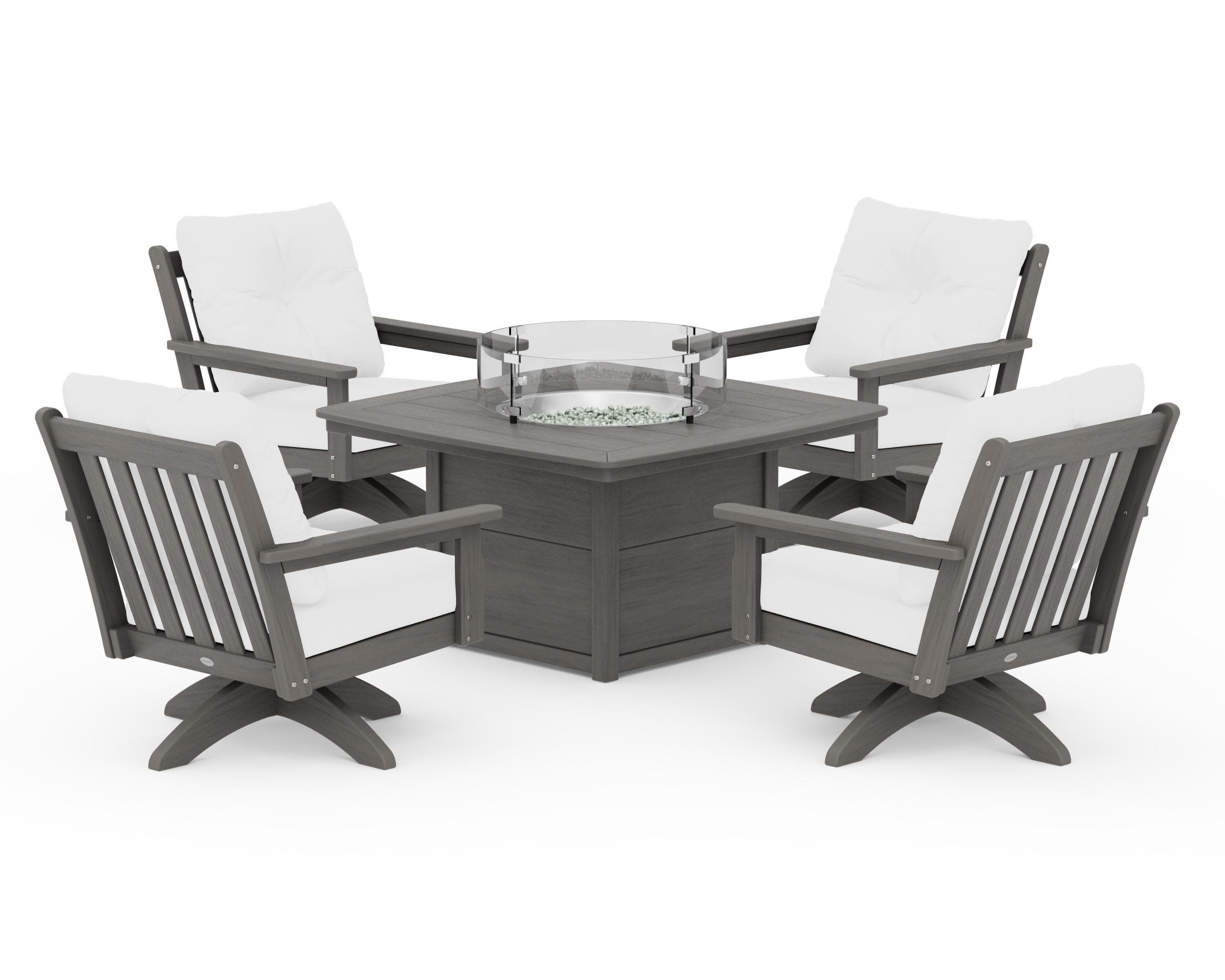 Vineyard 5-Piece Deep Seating Swivel Conversation Set with Fire Pit Table in Driftwood / Natural