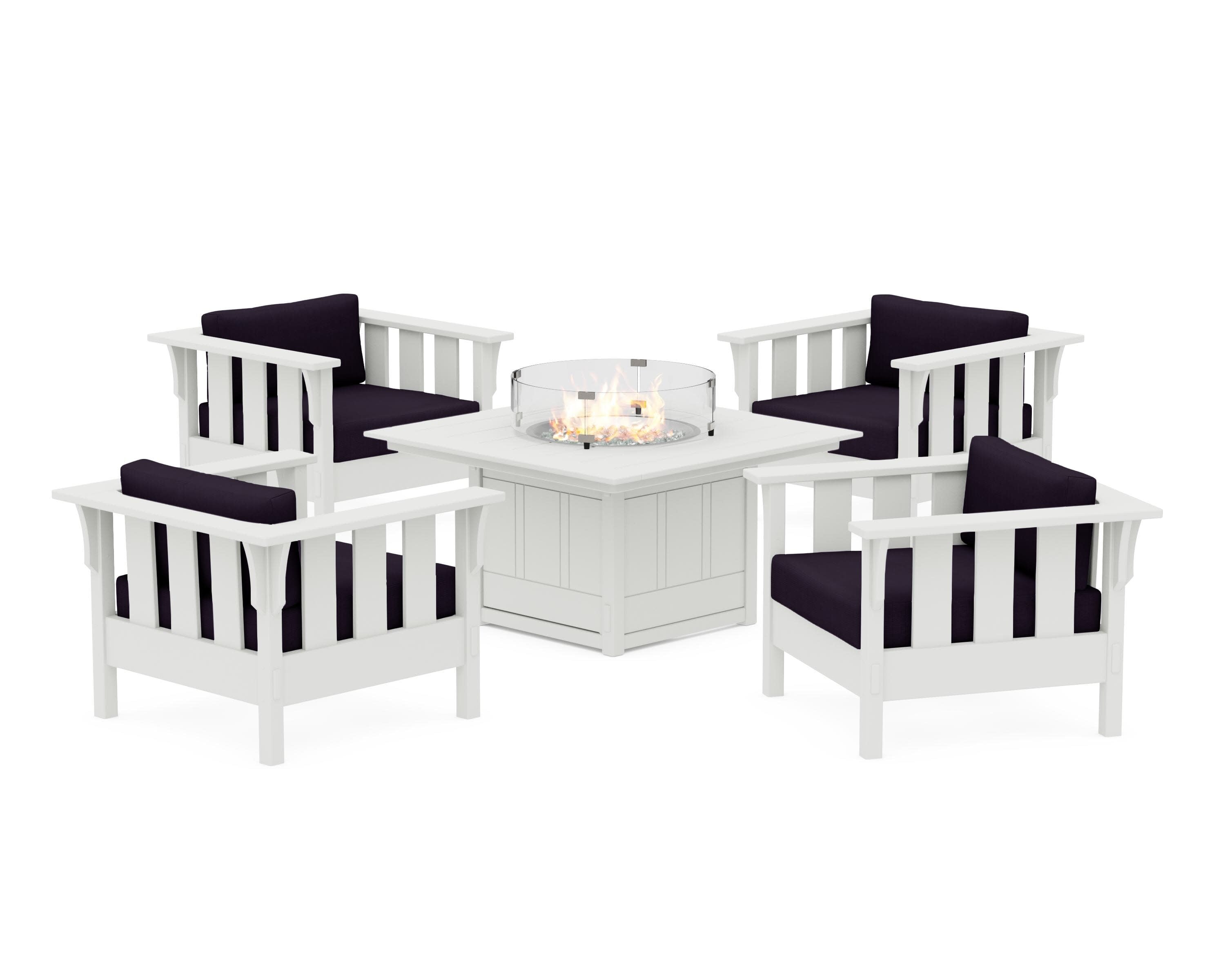 Acadia 5-Piece Deep Seating Set with Fire Pit Table in Vintage White / Navy Linen