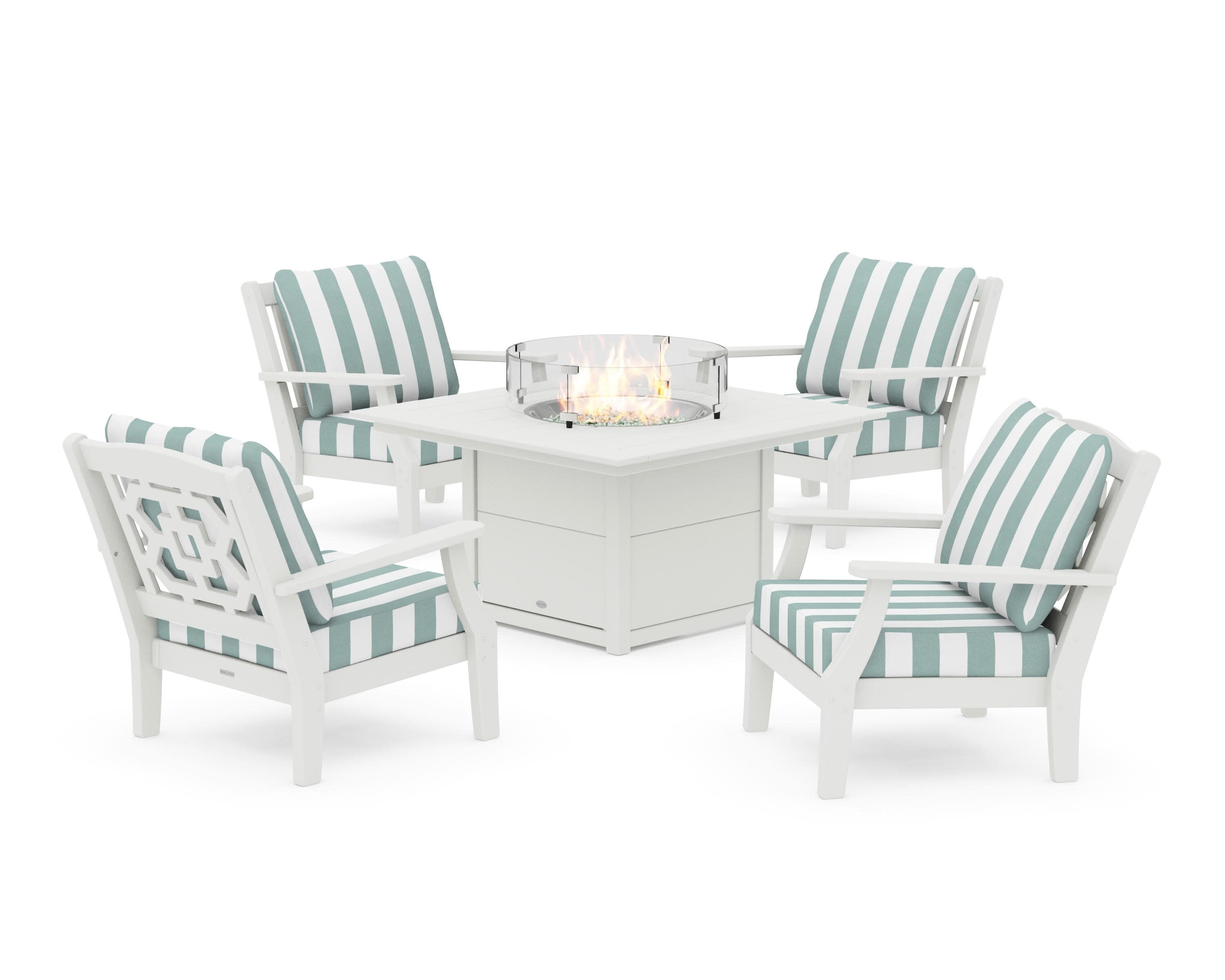 Chinoiserie 5-Piece Deep Seating Set with Fire Pit Table in Vintage White / Cabana Stripe Glacier Spa