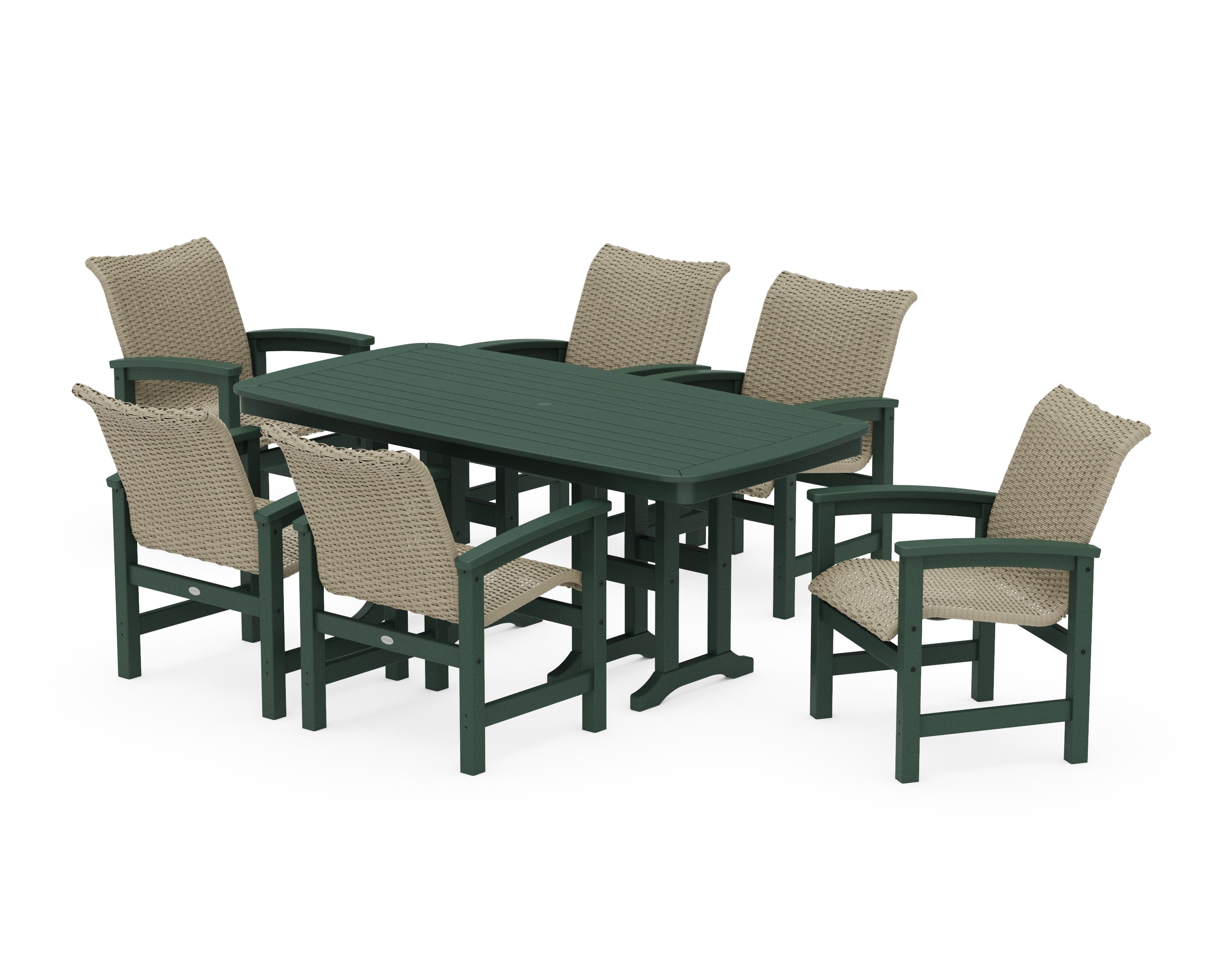Coastal Woven Arm Chair 7-Piece Dining Set in Green / Dune Grass