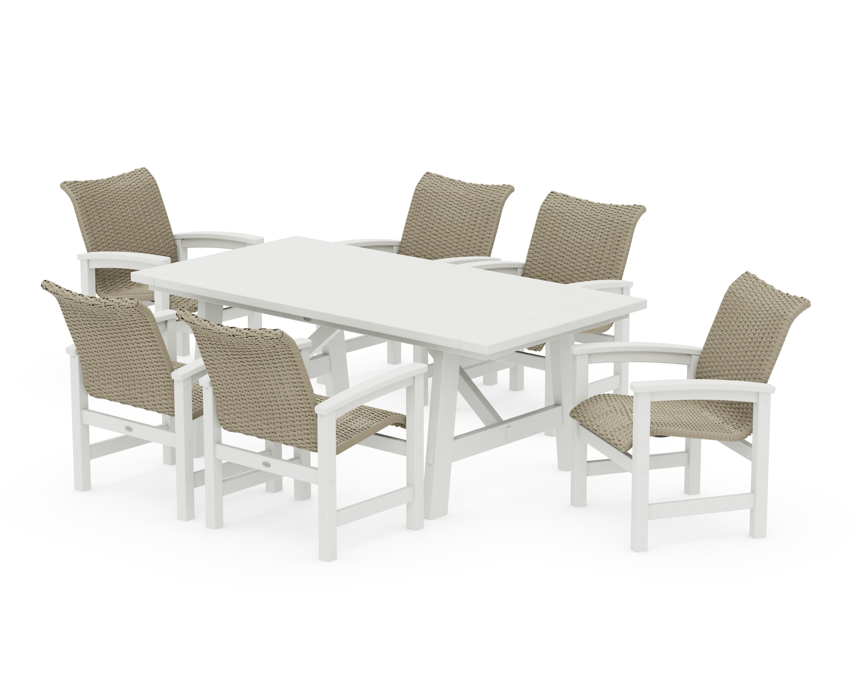 Coastal Woven Arm Chair 7-Piece Rustic Farmhouse Dining Set in White / Dune Grass
